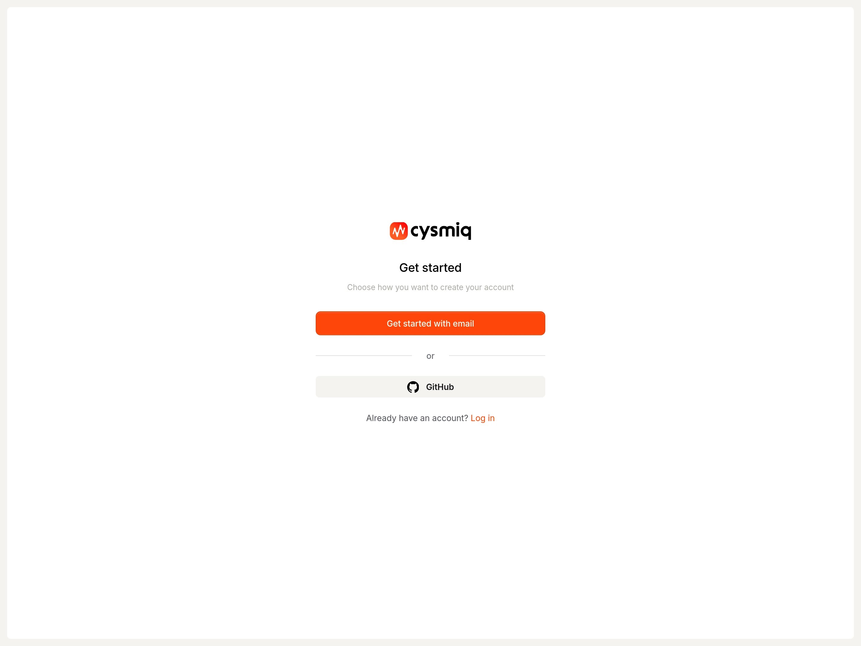 Get started page with email and GitHub options.