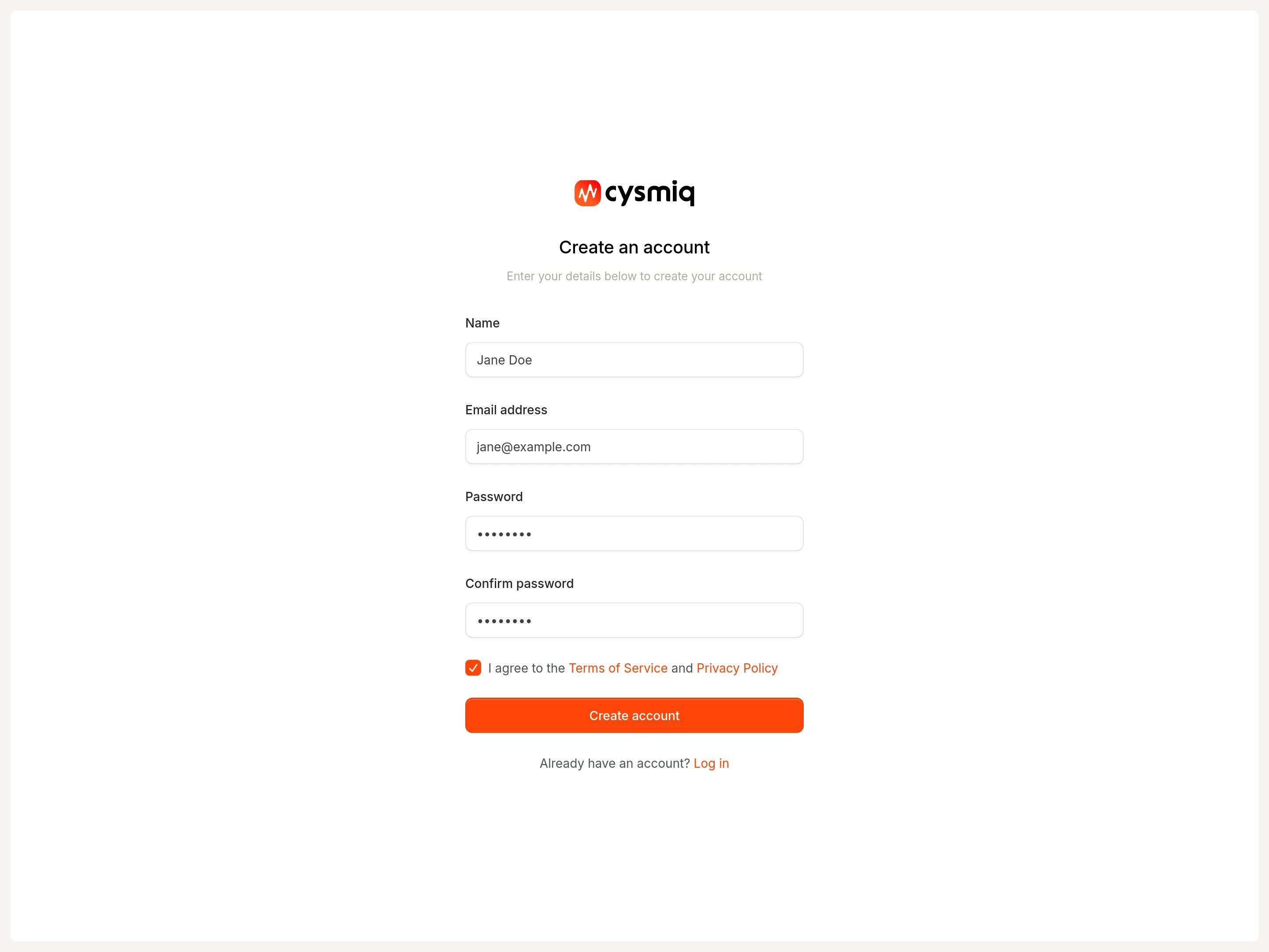 Create account form filled with a name, email address, and password.