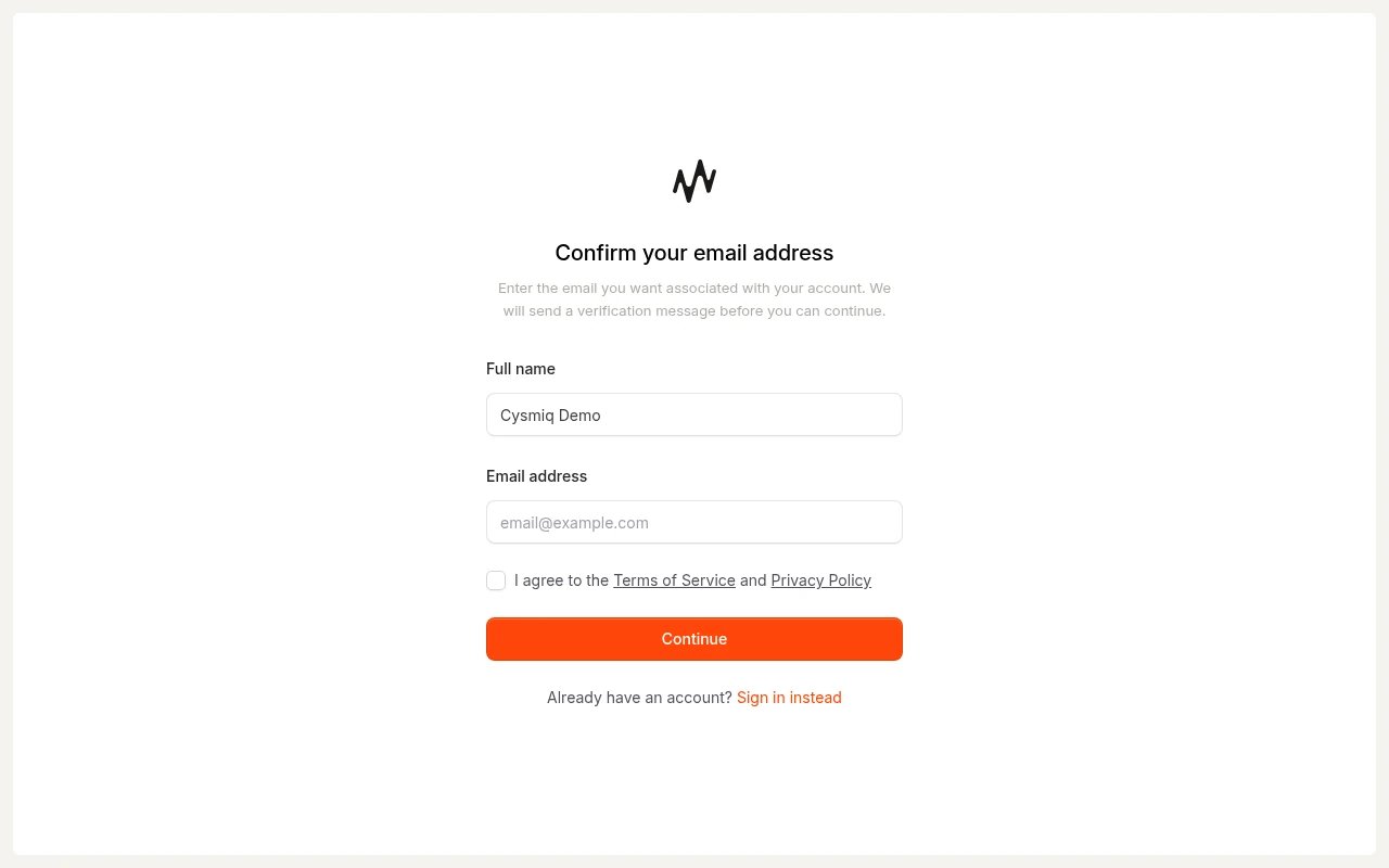 Confirm email address form with name and email fields.