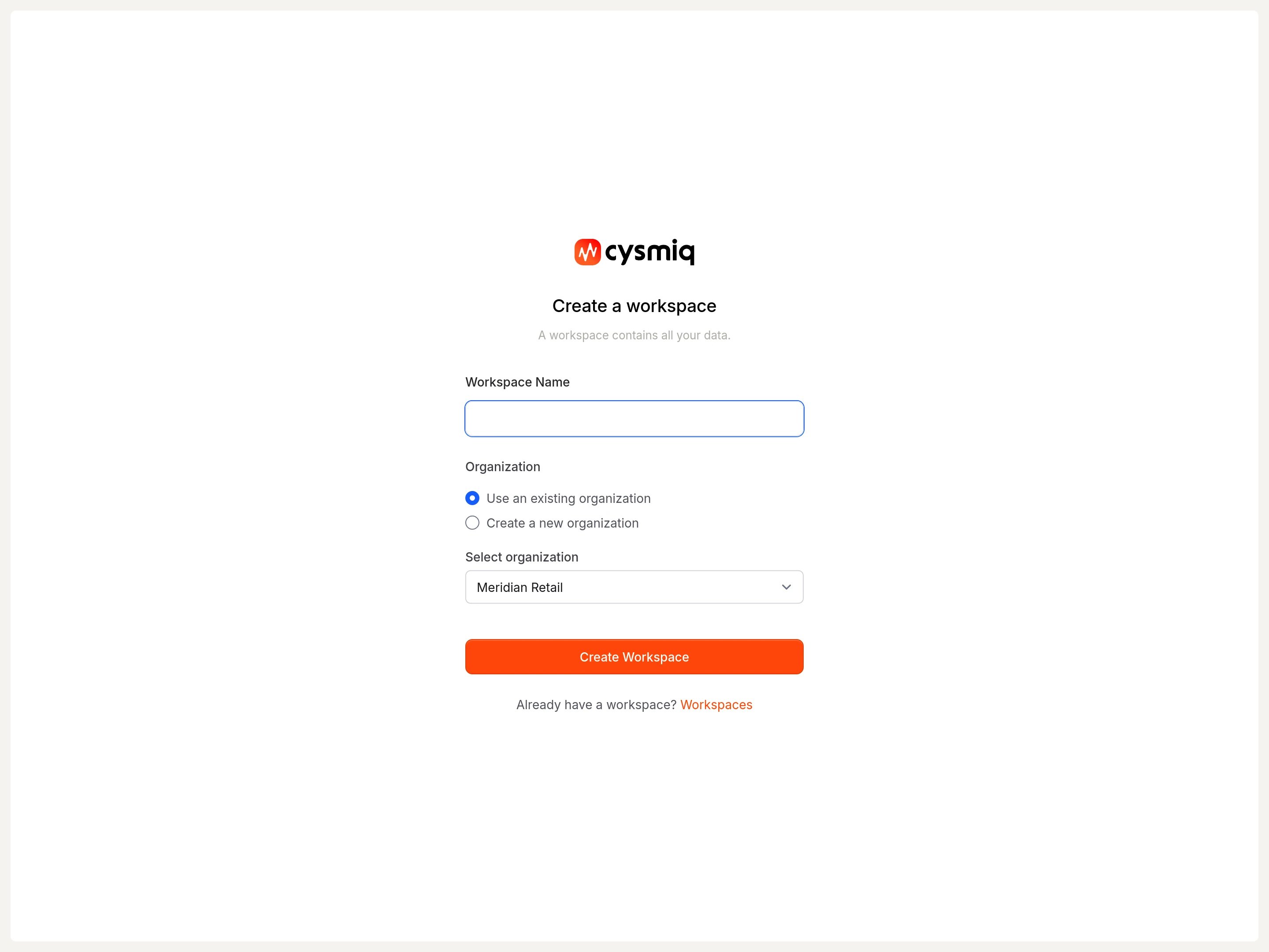 Create workspace form with workspace and organization fields.