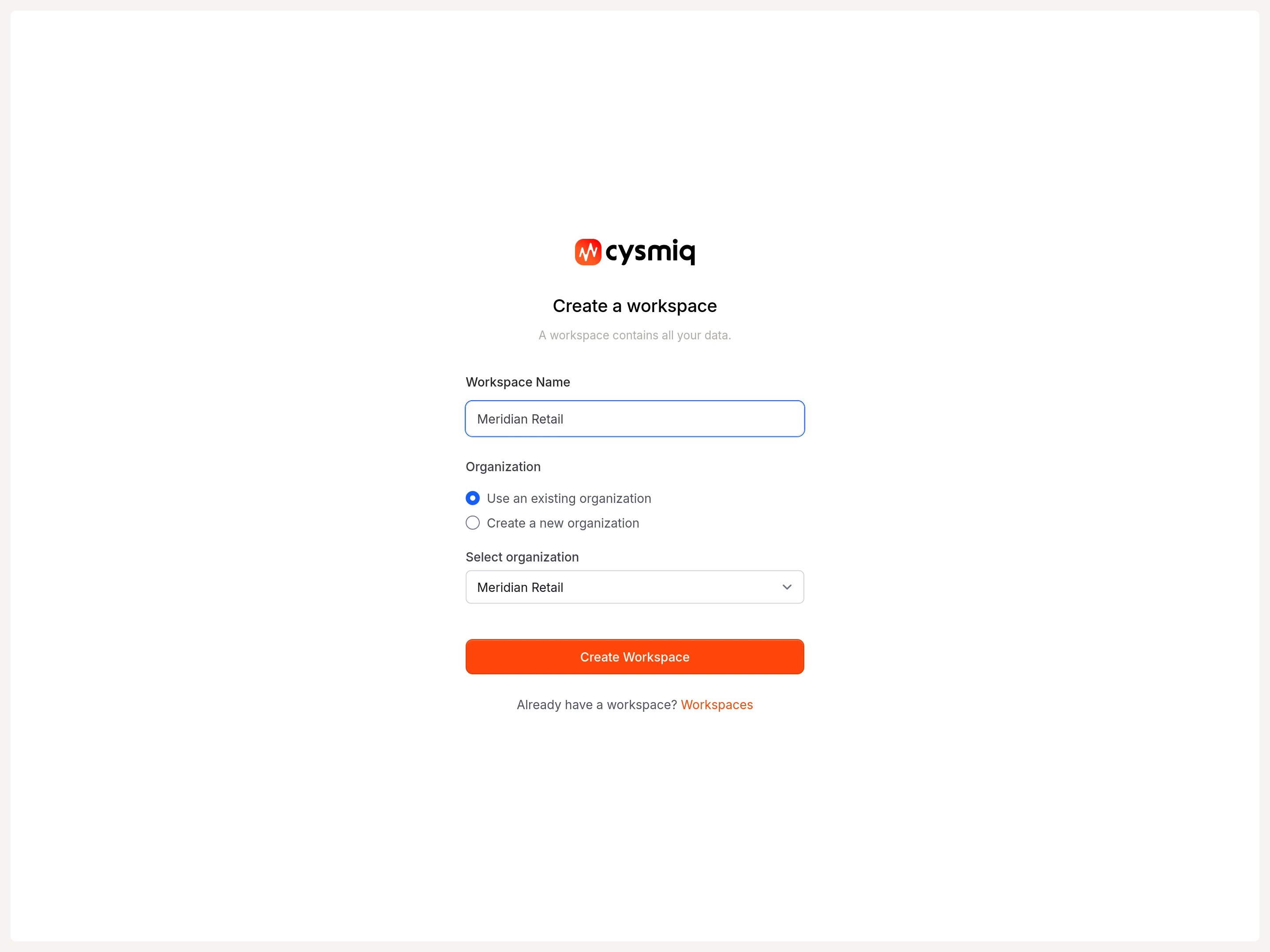 Create workspace form filled with example names.
