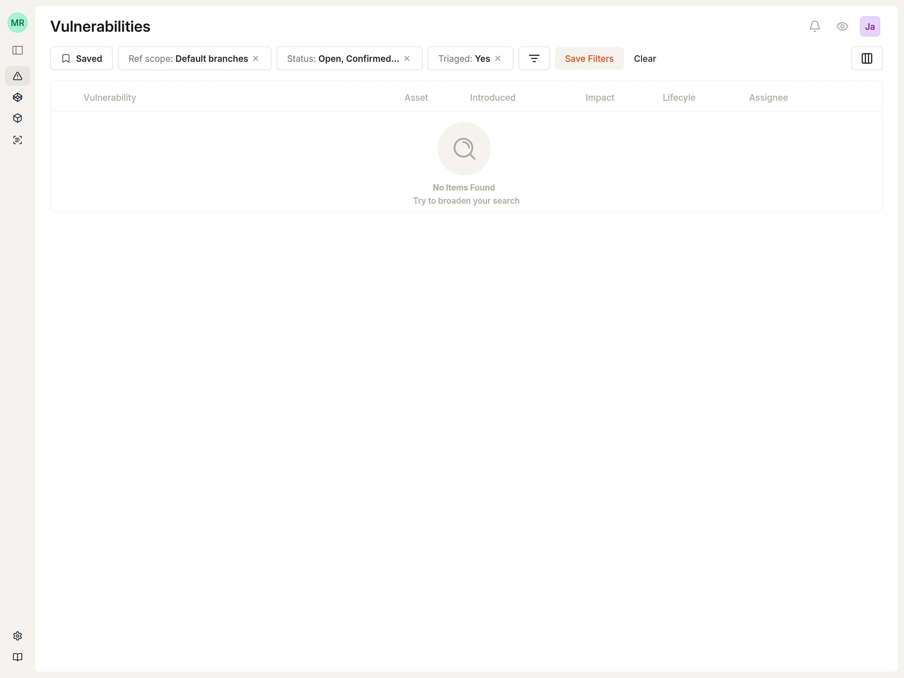 Empty vulnerabilities list with the full navigation sidebar.