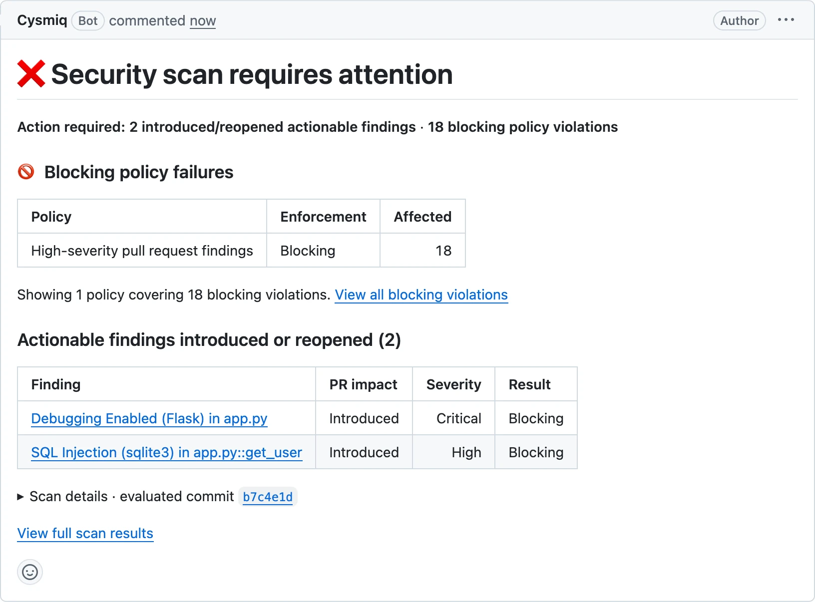 GitHub pull request with a managed Cysmiq security result comment