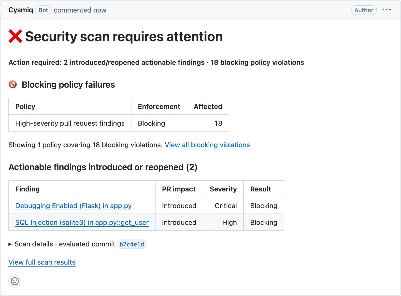 GitHub pull request with a managed Cysmiq security result comment
