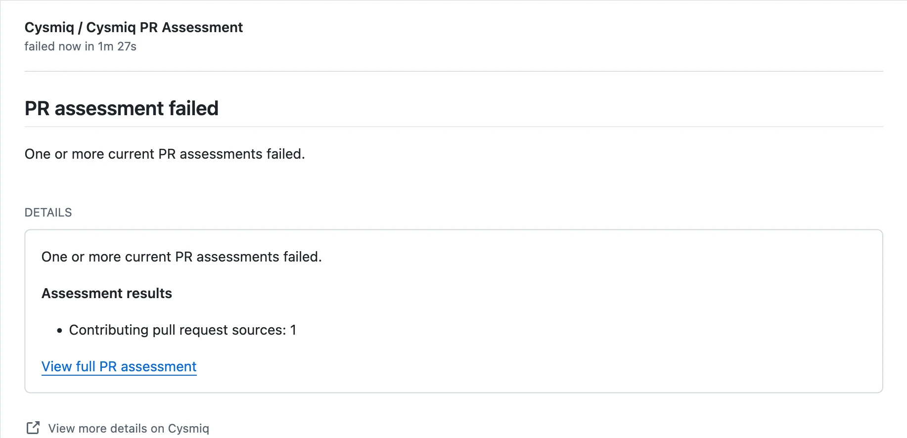 GitHub Cysmiq pull request assessment check with a link to the result in Cysmiq