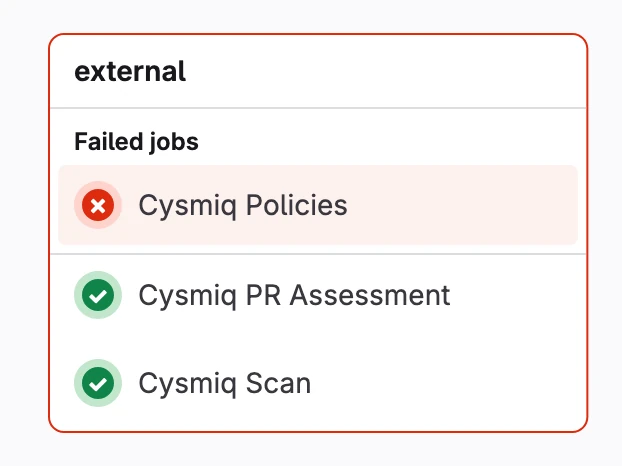GitLab pipeline showing the three Cysmiq commit statuses in the external group