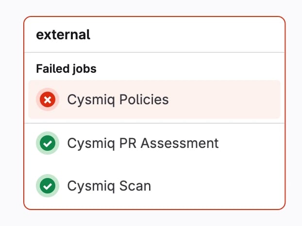 GitLab pipeline showing the three Cysmiq commit statuses in the external group