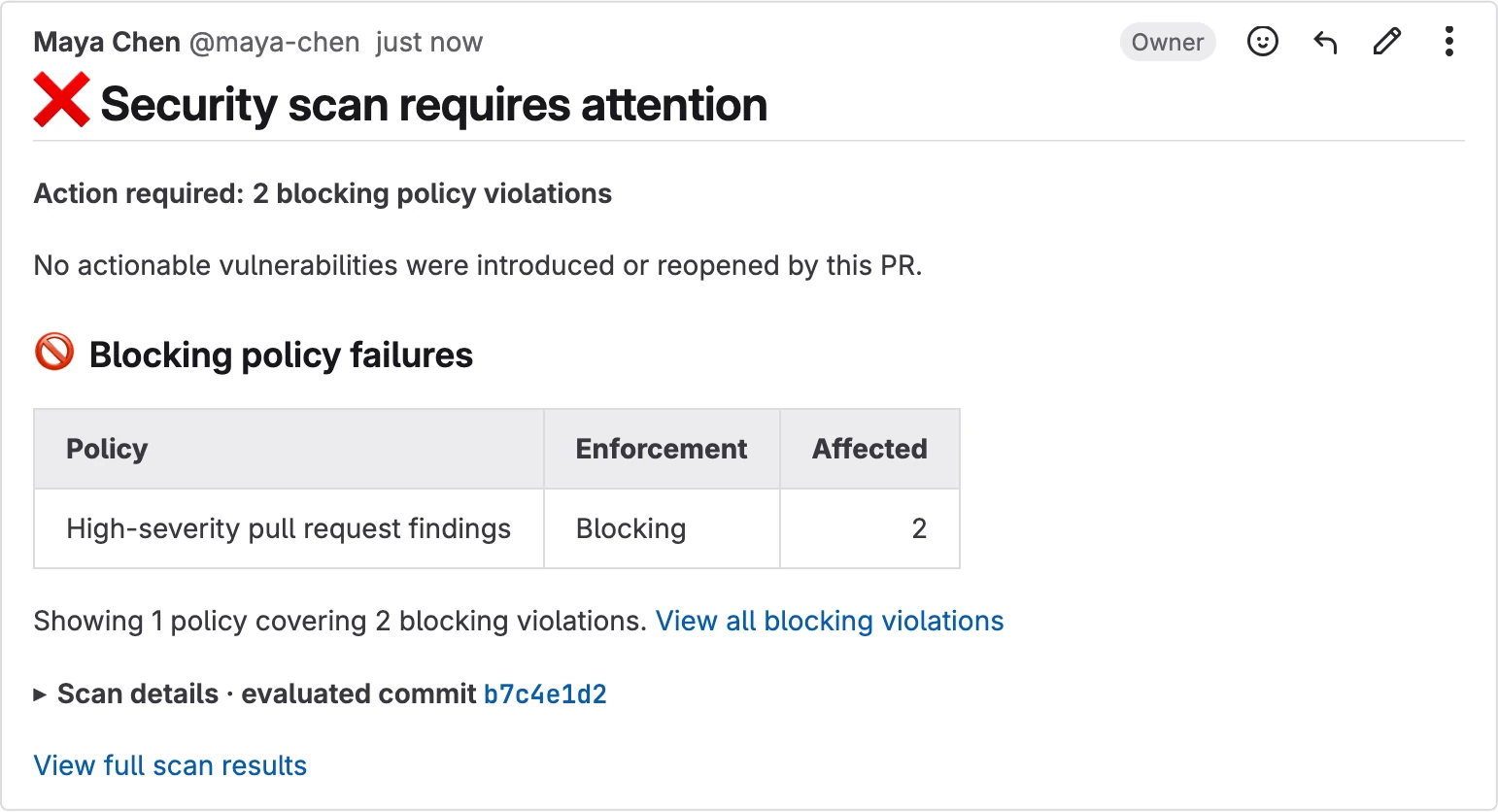 GitLab merge request with a managed Cysmiq security result comment