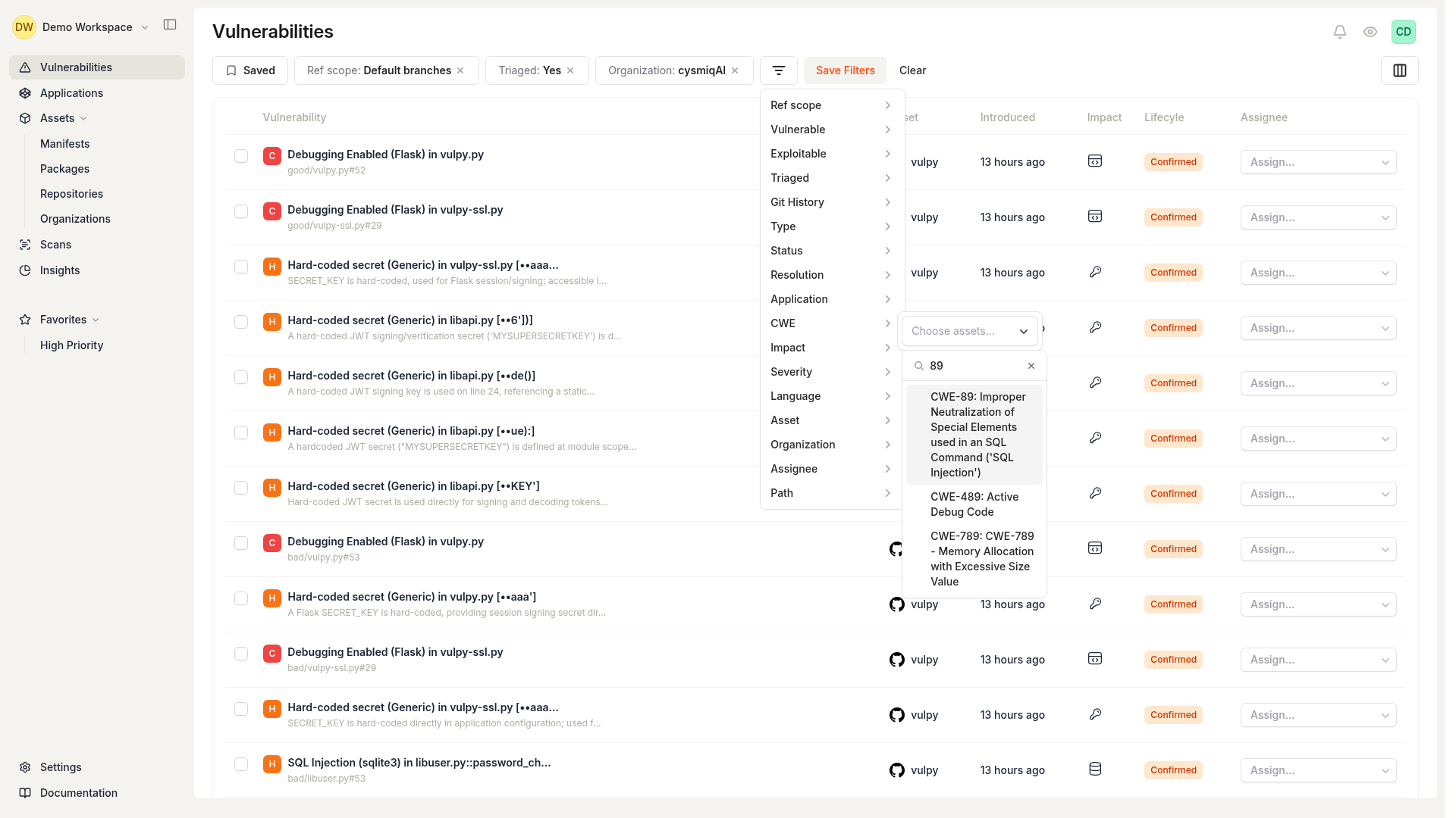CWE filter dropdown with search showing CWE-89 SQL Injection option.