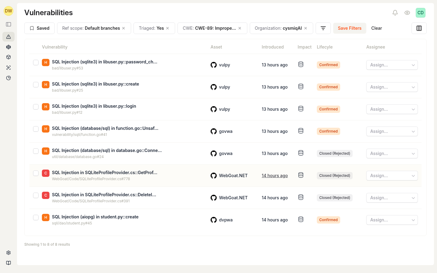 Vulnerability list filtered to show SQL Injection vulnerabilities with filter pills visible.