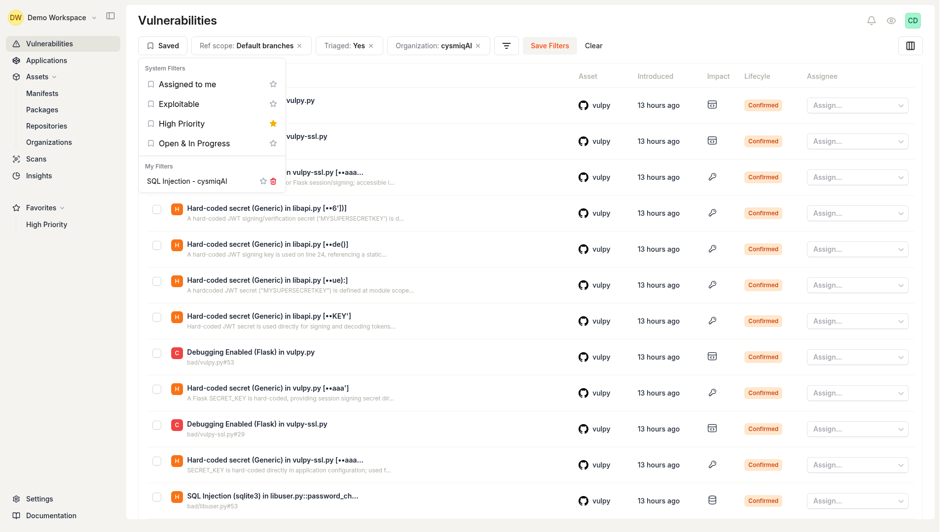 Saved filters panel with High Priority filter showing a filled star, and the sidebar showing the Favorites section with the same filter for quick access.