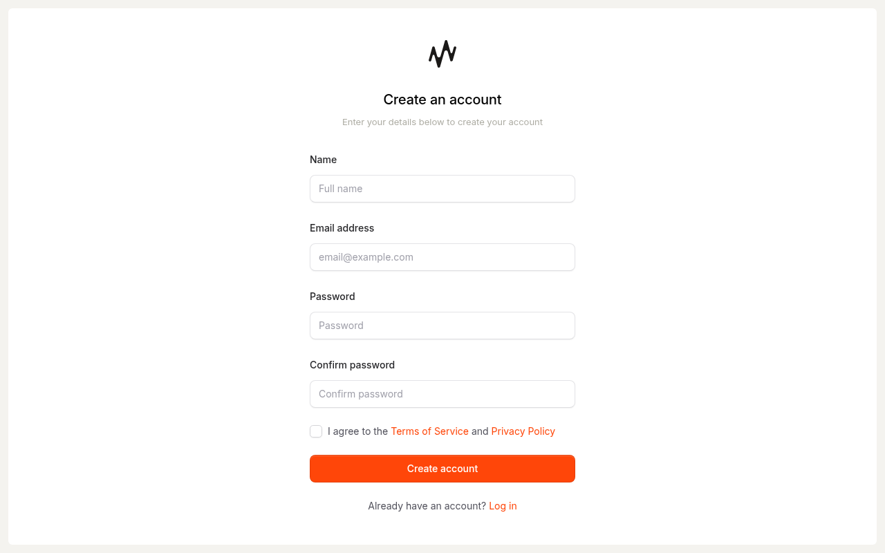 Create account form with name, email, and password fields.