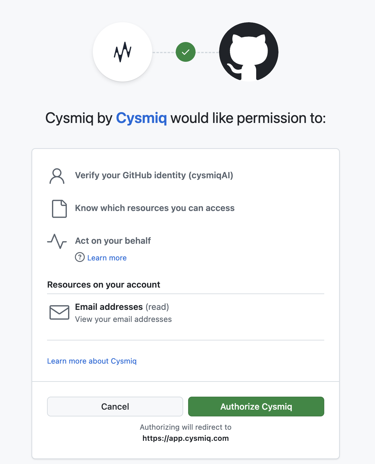 GitHub authorization screen for Cysmiq.