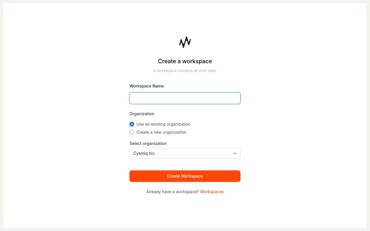 Create workspace form with workspace and organization fields.