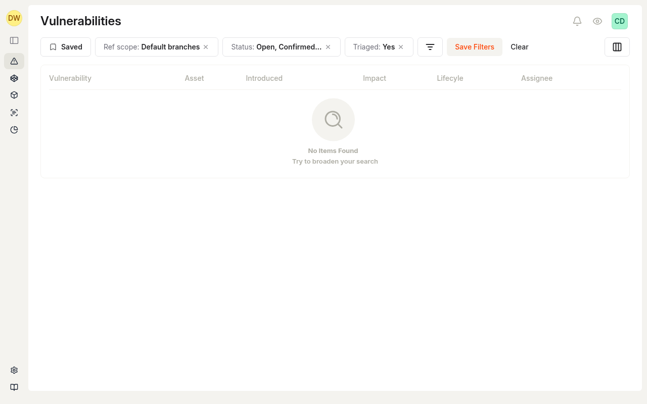 Empty vulnerabilities list with the full navigation sidebar.