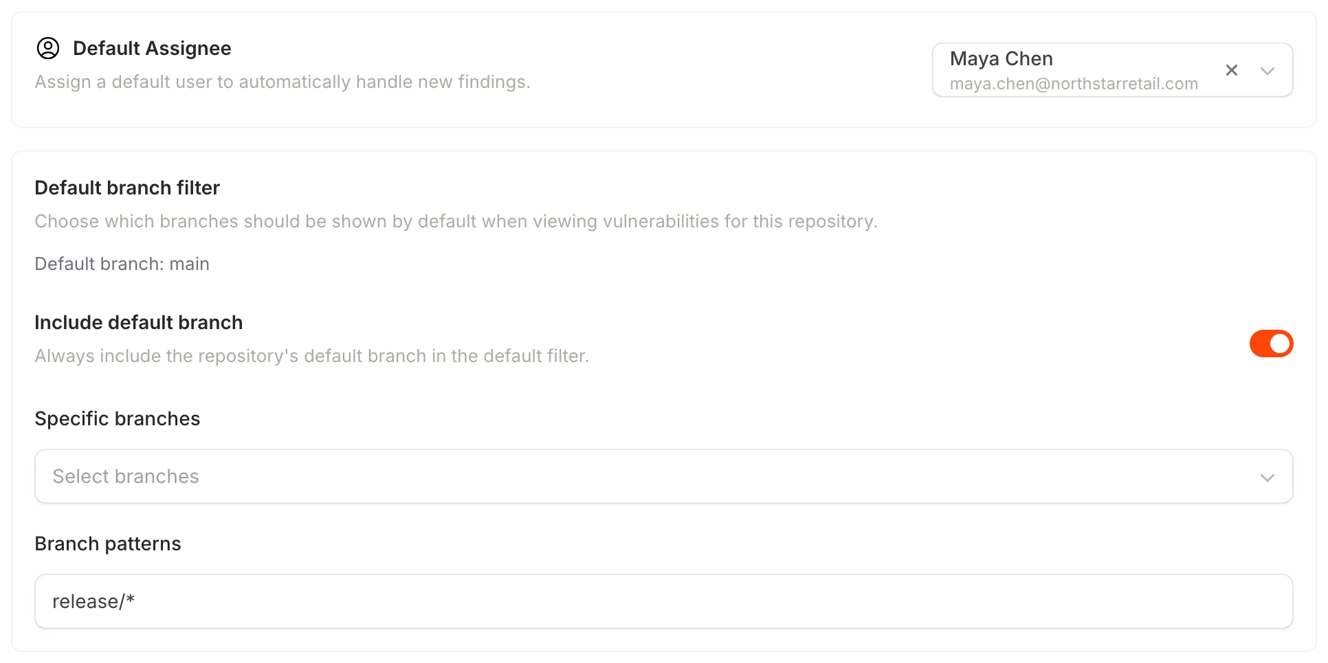 Repository settings showing Maya Chen as the default assignee and a default branch filter that includes main and release branches.