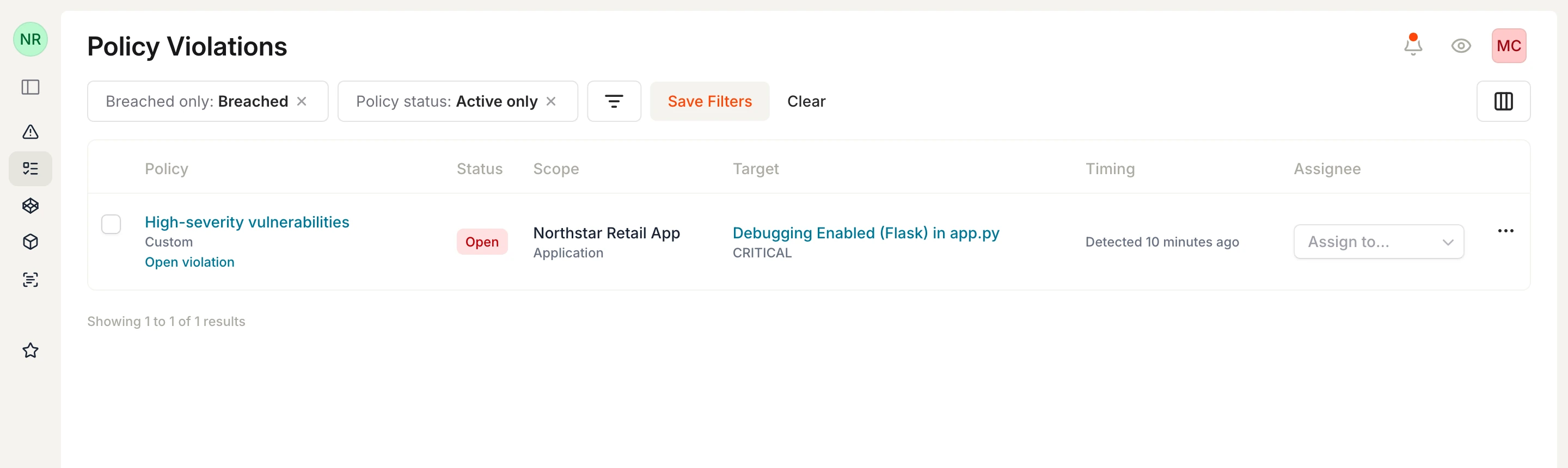 Policy Violations page showing an open blocking violation for the Flask debug vulnerability.