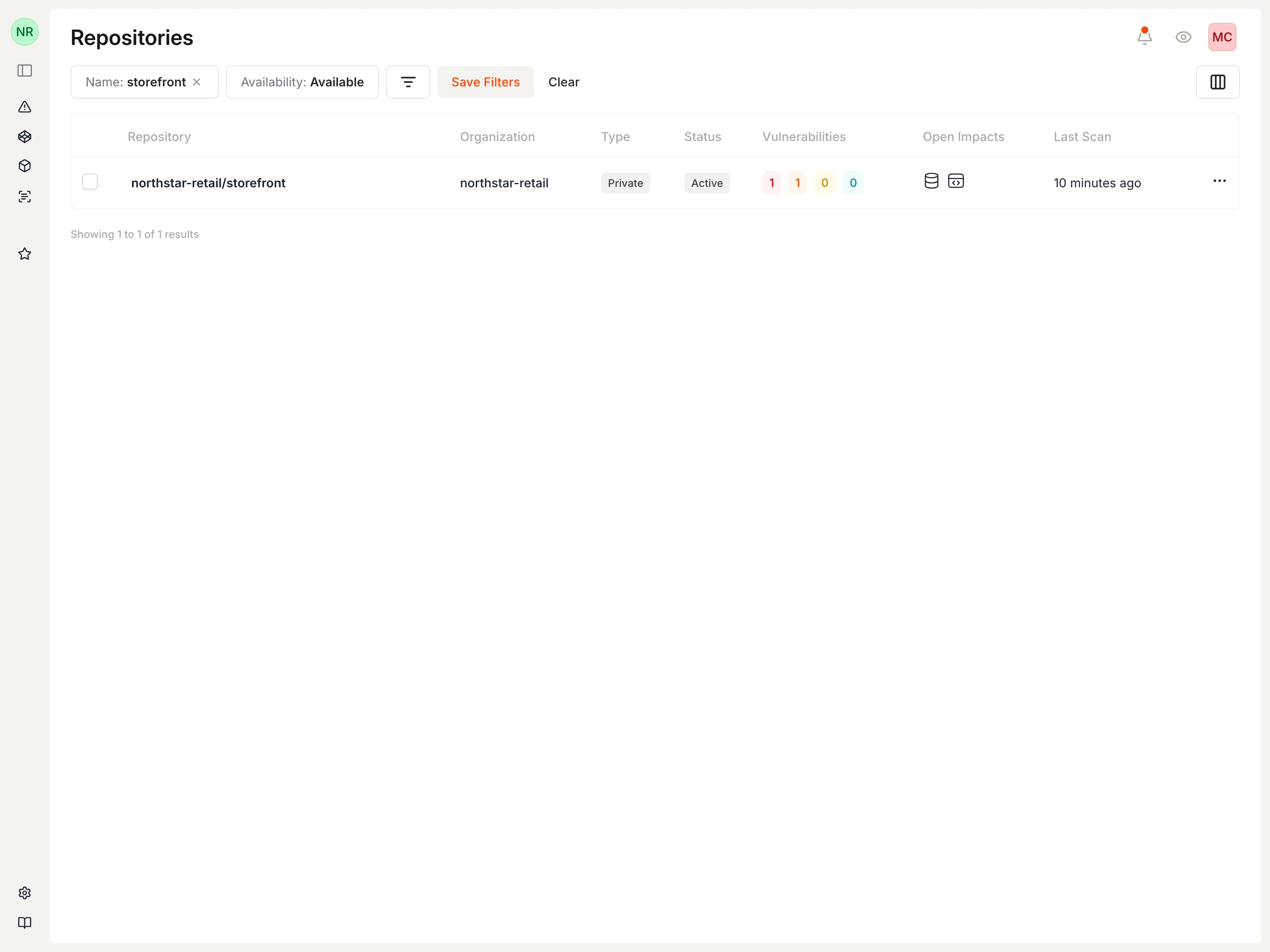 Repositories page filtered to the Northstar Retail storefront repository.
