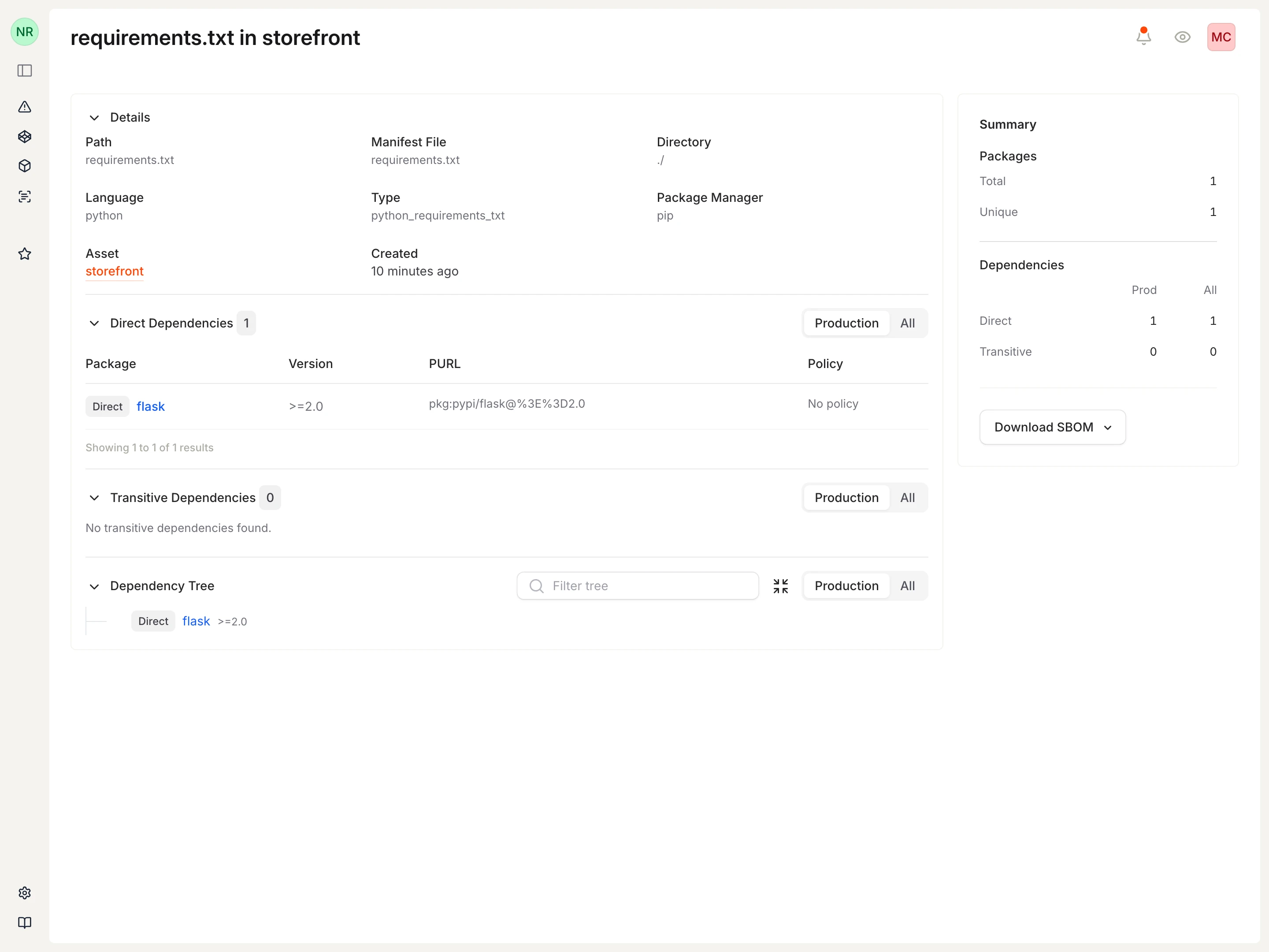 Manifest detail page for requirements.txt showing Flask as a direct dependency of the storefront repository.