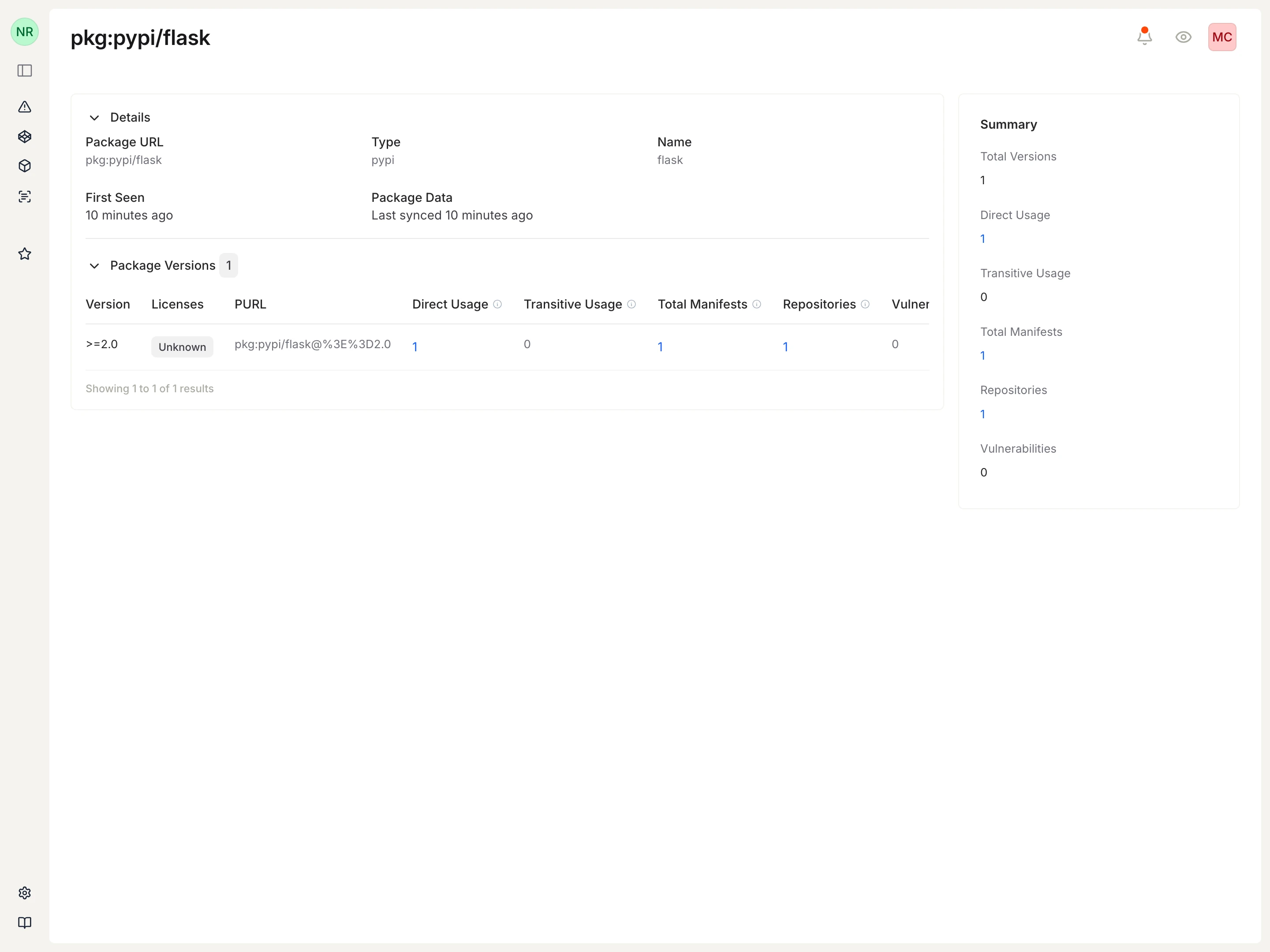 Flask package detail page showing its observed version, direct usage, manifest count, and repository count.