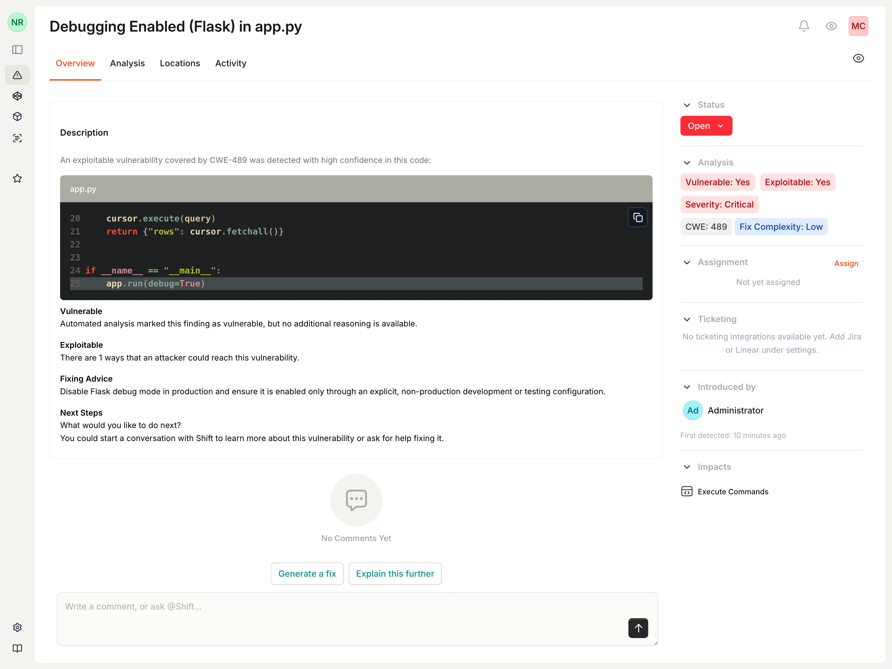 Flask debug vulnerability detail showing source evidence, severity, exploitability, and fixing advice.