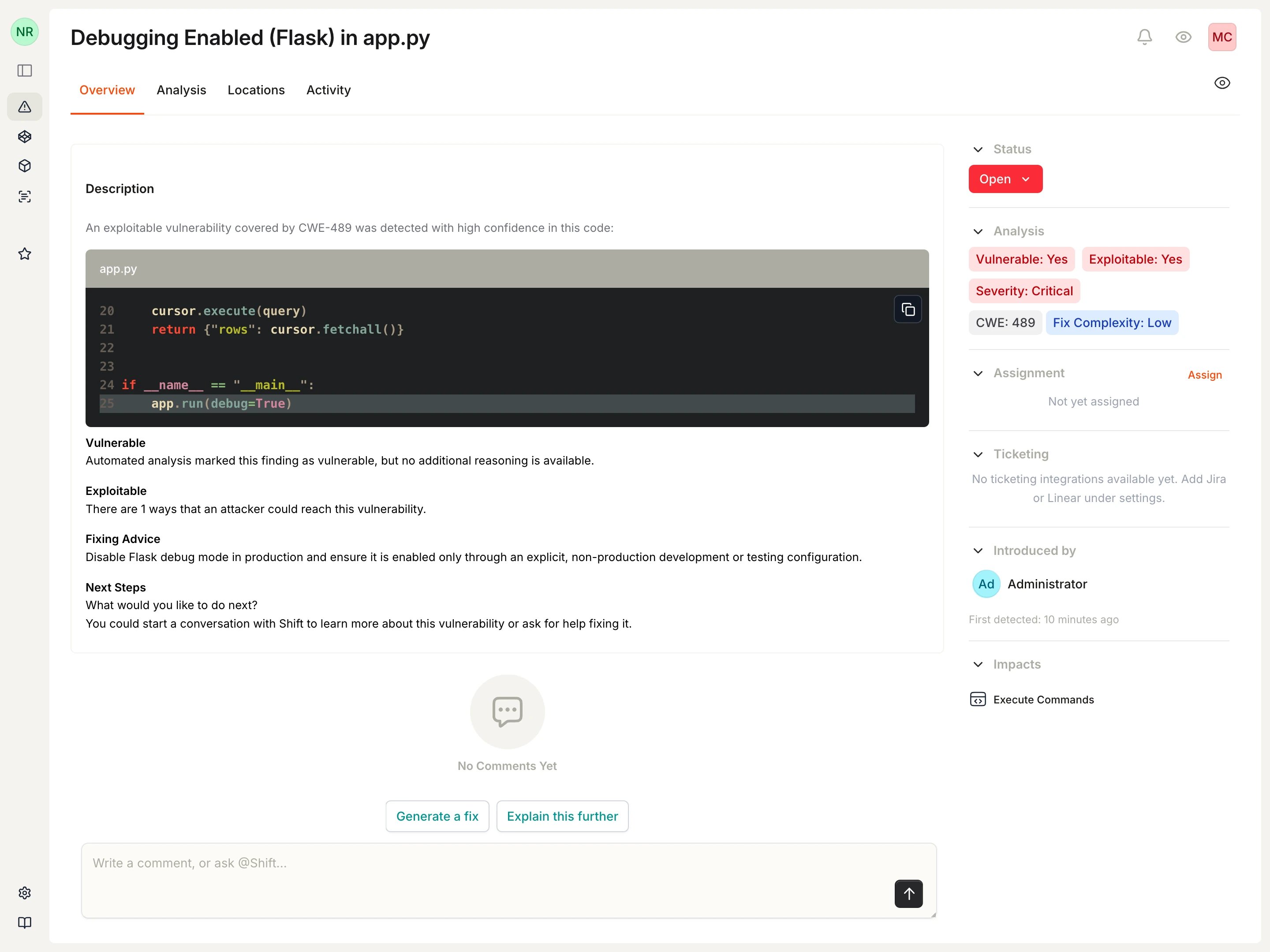 Flask debug vulnerability detail showing source evidence, severity, exploitability, and fixing advice.