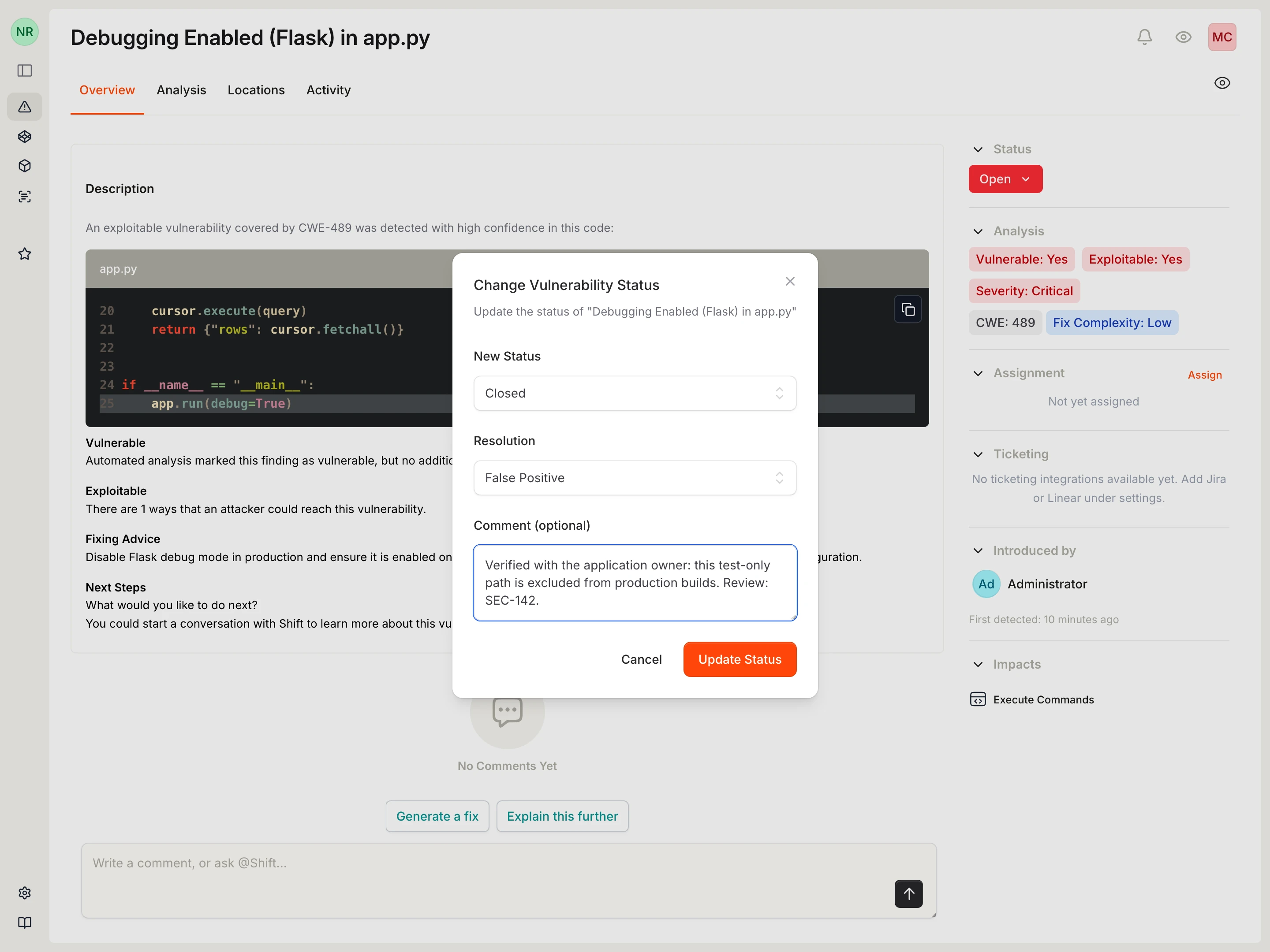 Change Vulnerability Status dialog set to Closed and False Positive with decision context.