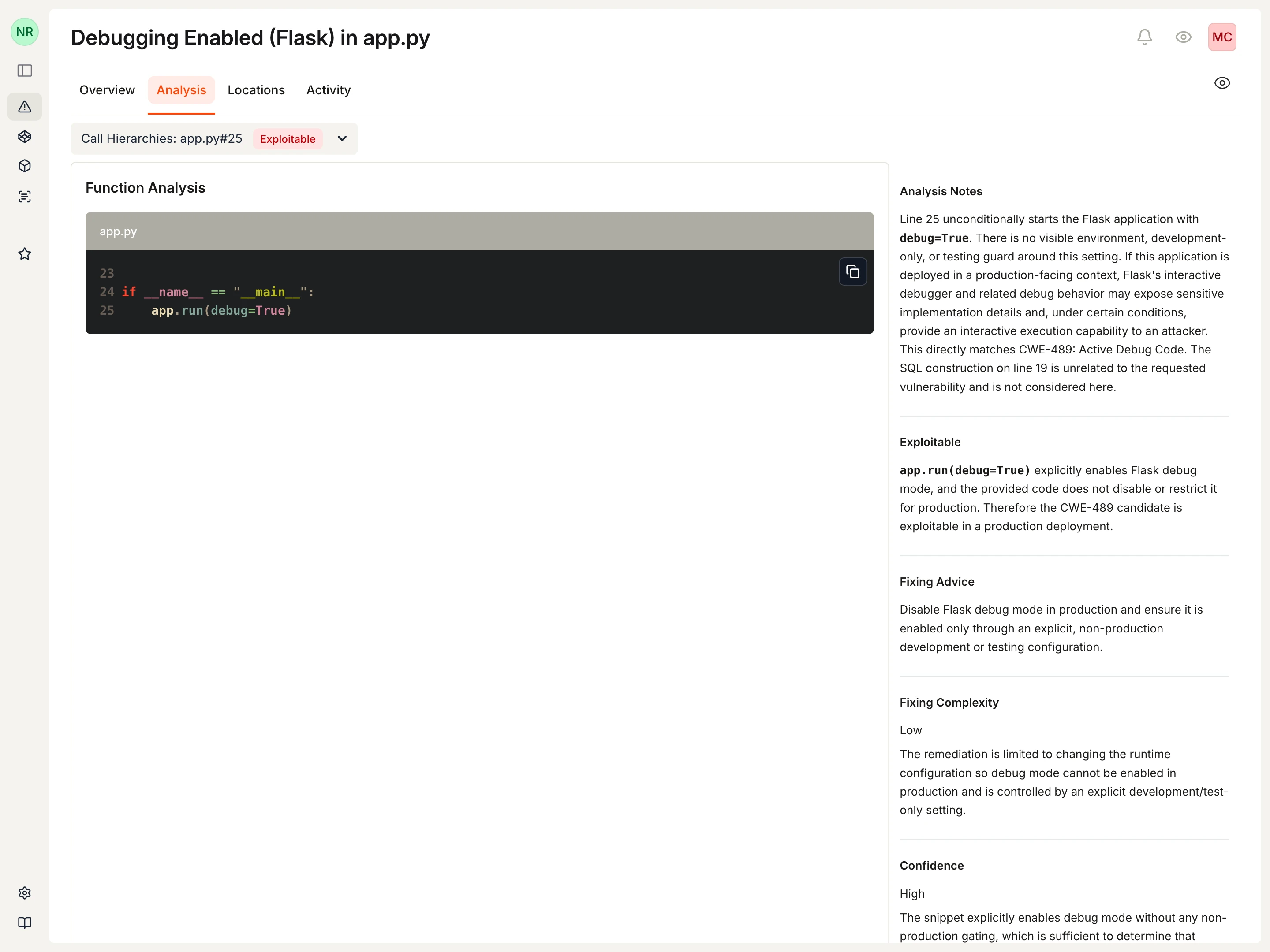 Analysis tab showing the call hierarchy, exploitability reasoning, fixing advice, complexity, and confidence for a Flask debug finding.
