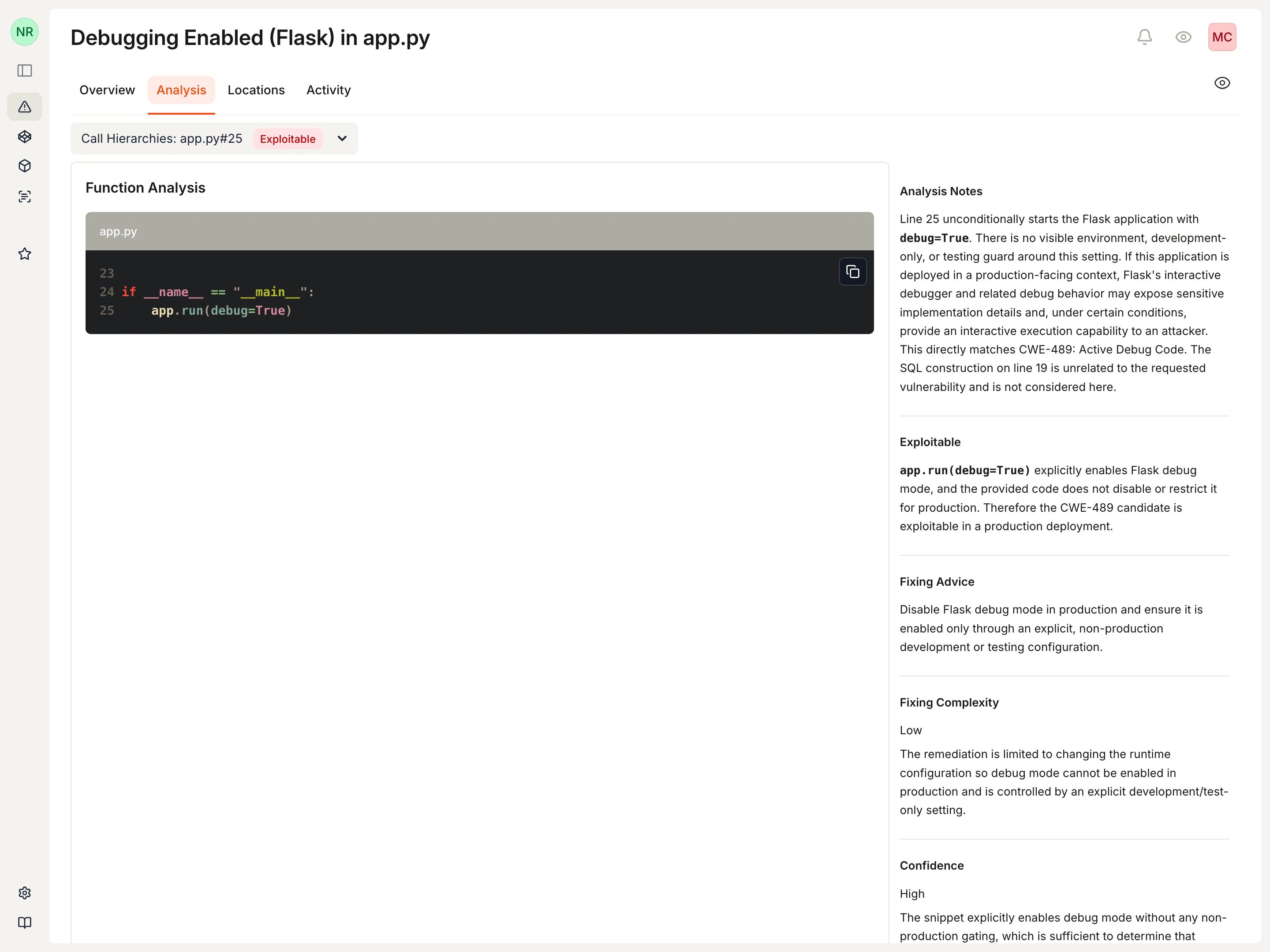Analysis tab showing the call hierarchy, exploitability reasoning, fixing advice, complexity, and confidence for a Flask debug finding.