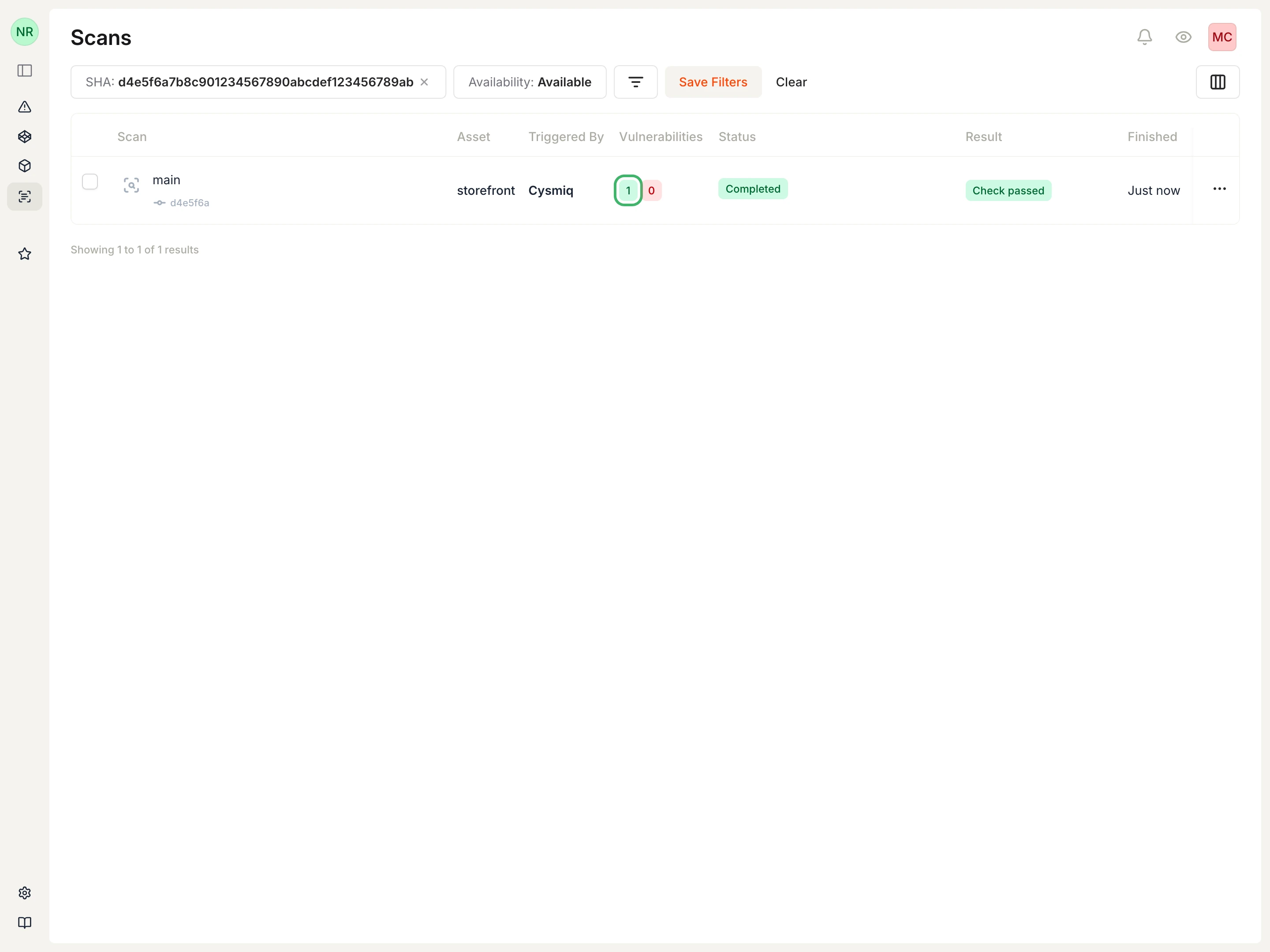 Scans page showing a completed follow-up scan after the Flask debug fix.