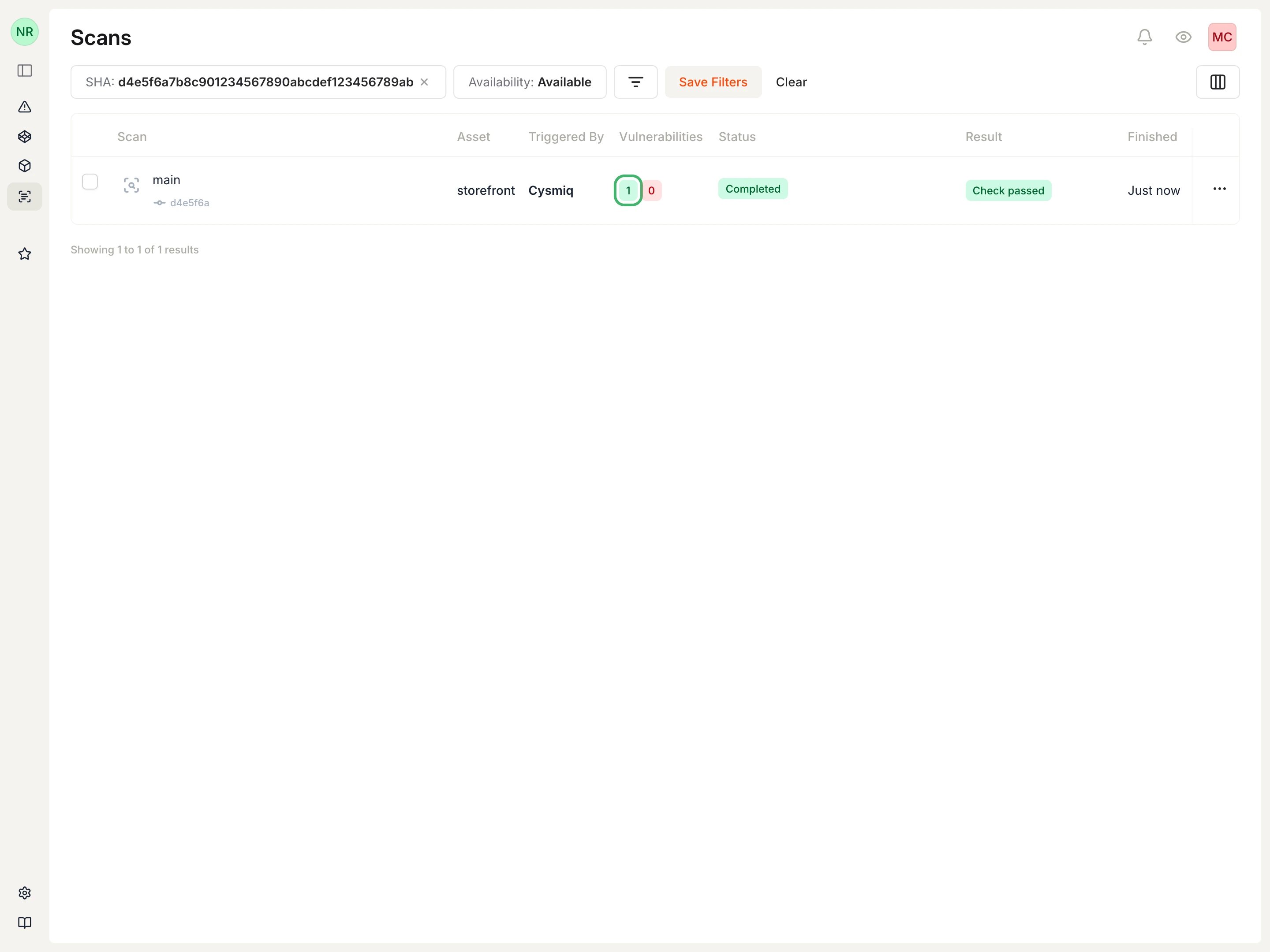 Scans page showing a completed follow-up scan after the Flask debug fix.