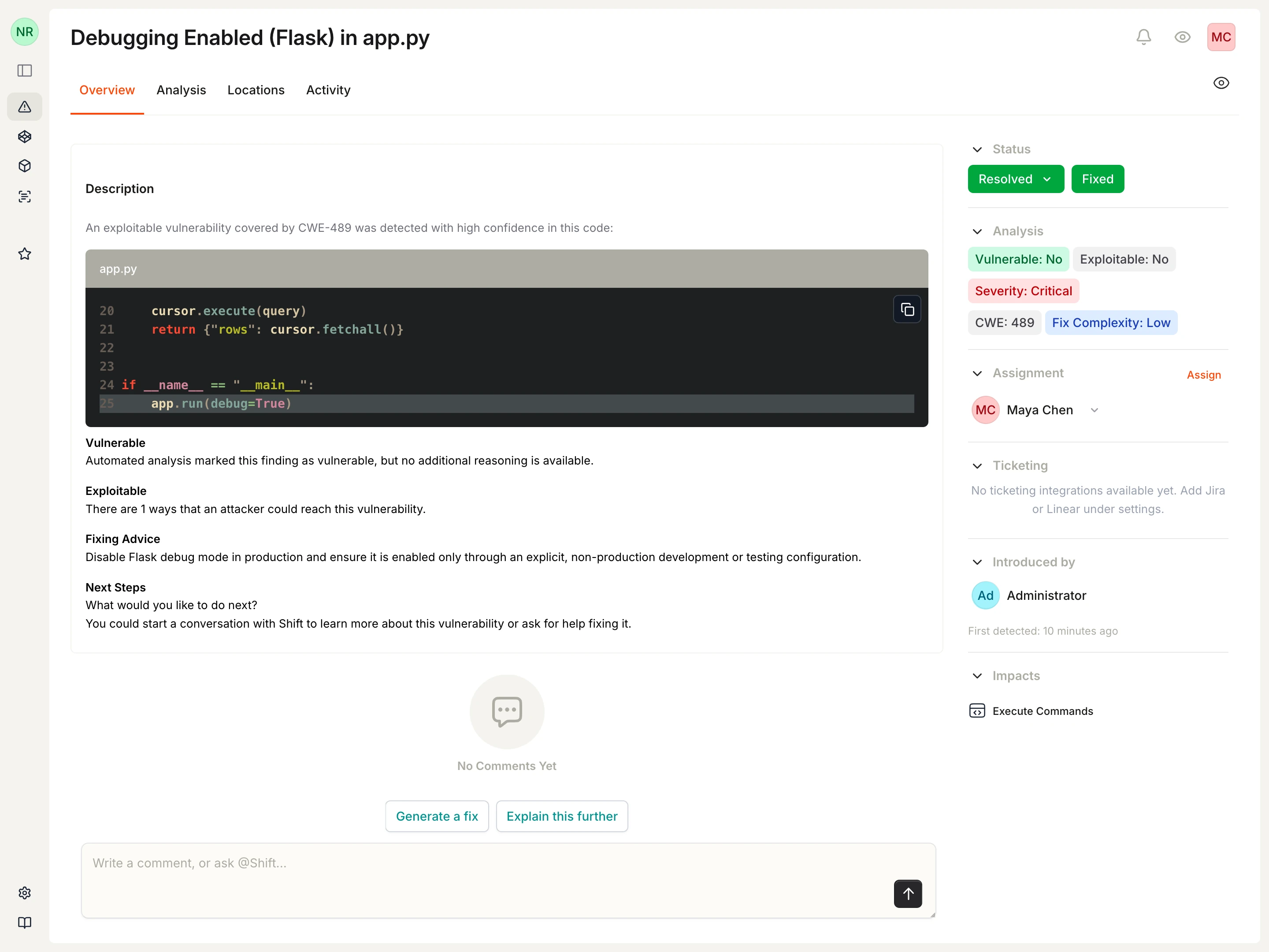 Flask debug vulnerability showing Resolved status and Fixed resolution after the follow-up scan.