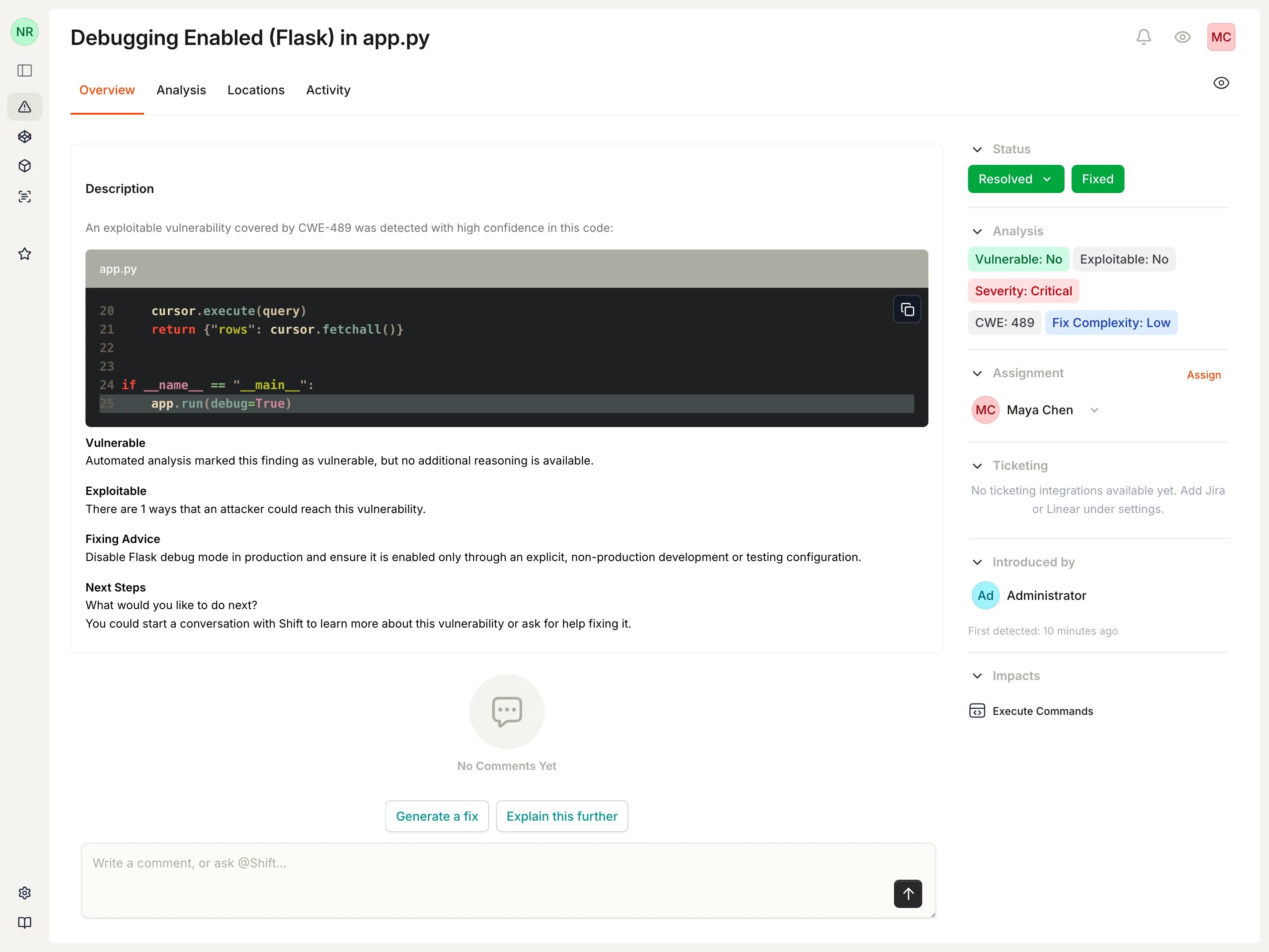 Flask debug vulnerability showing Resolved status and Fixed resolution after the follow-up scan.