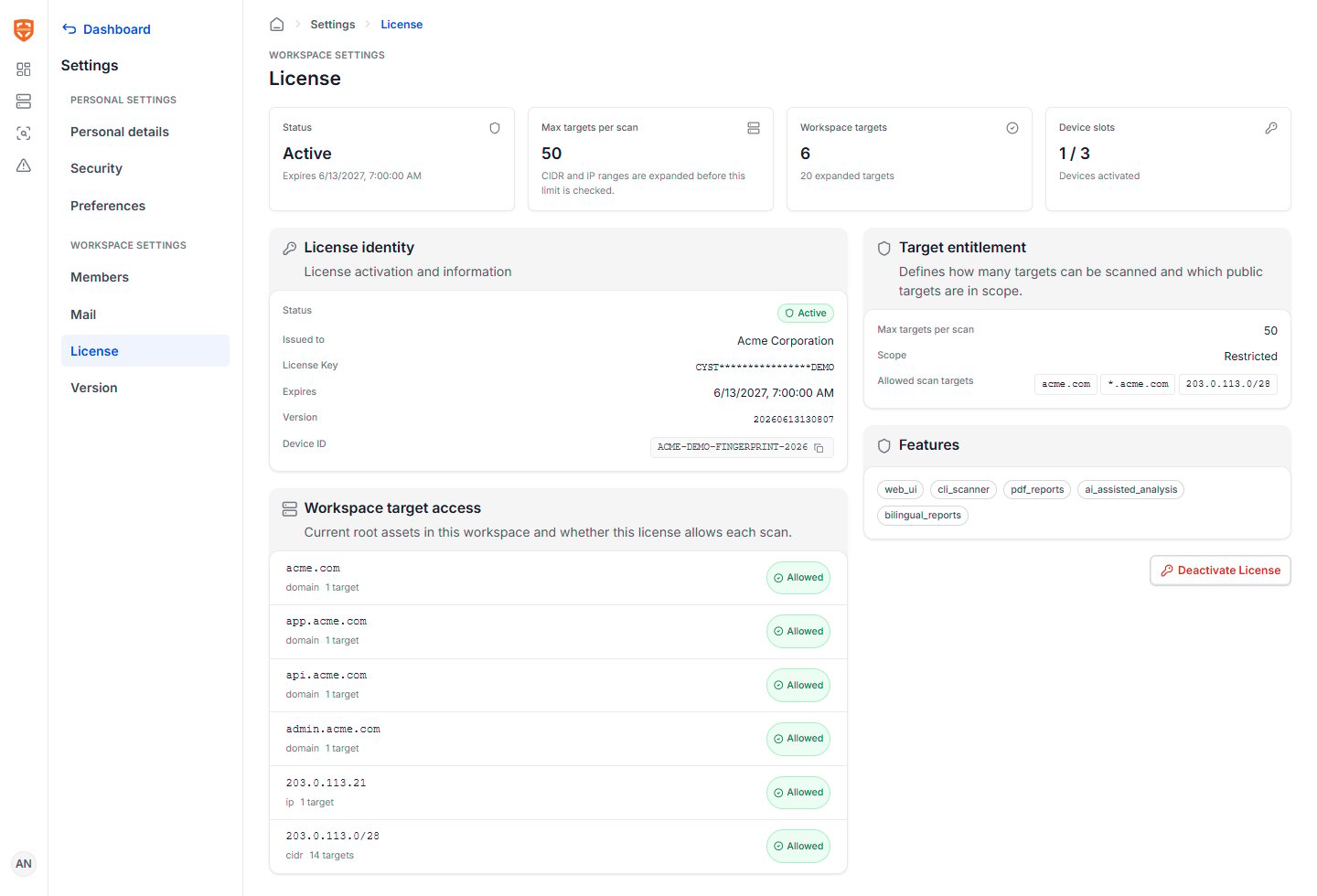 License settings