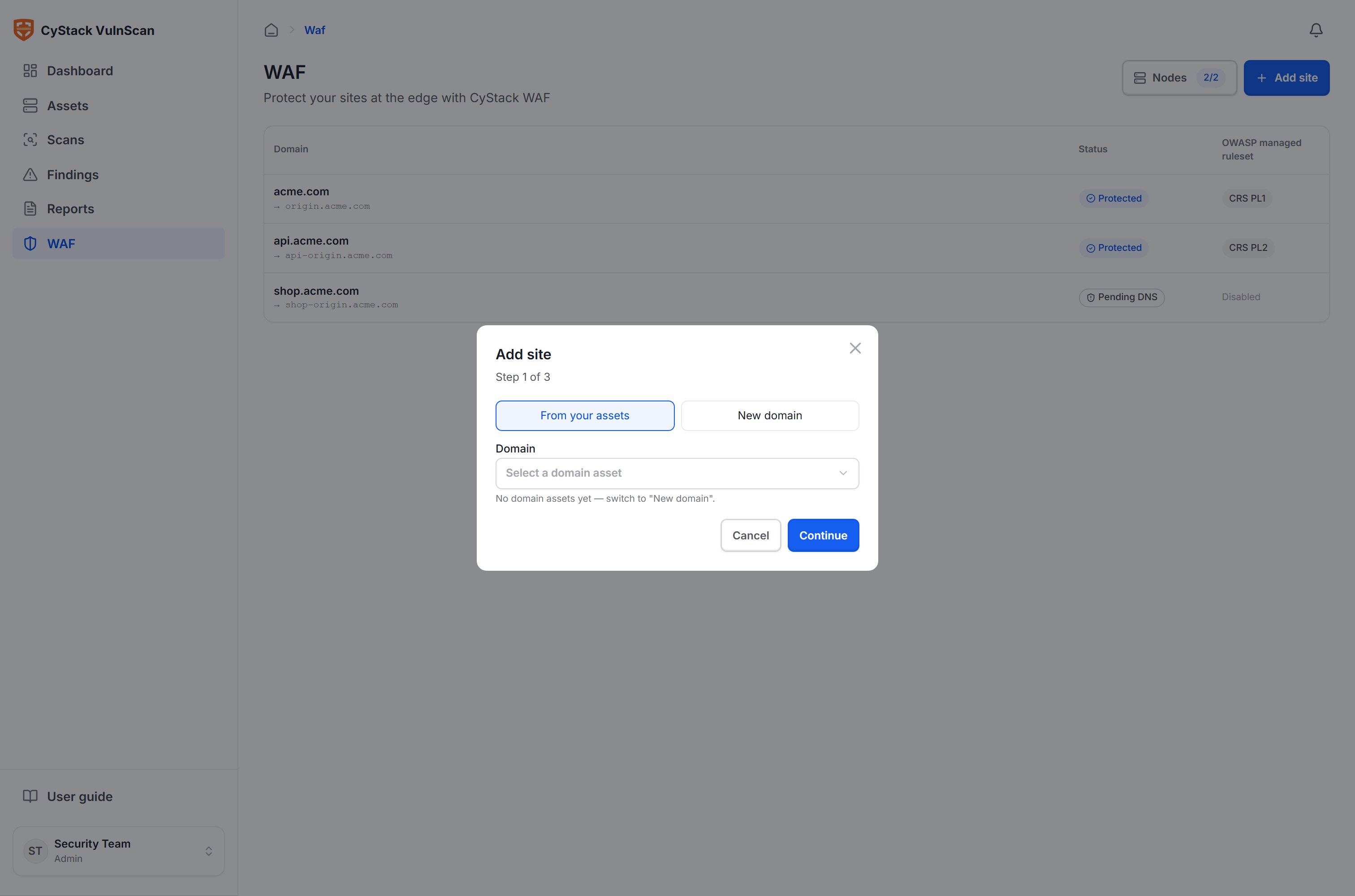 Add site wizard