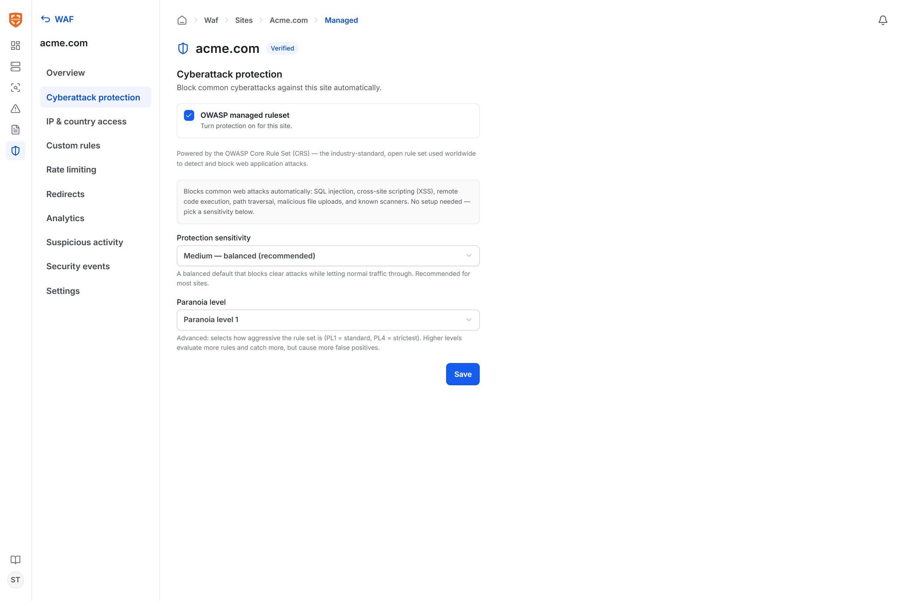 Managed OWASP ruleset configuration