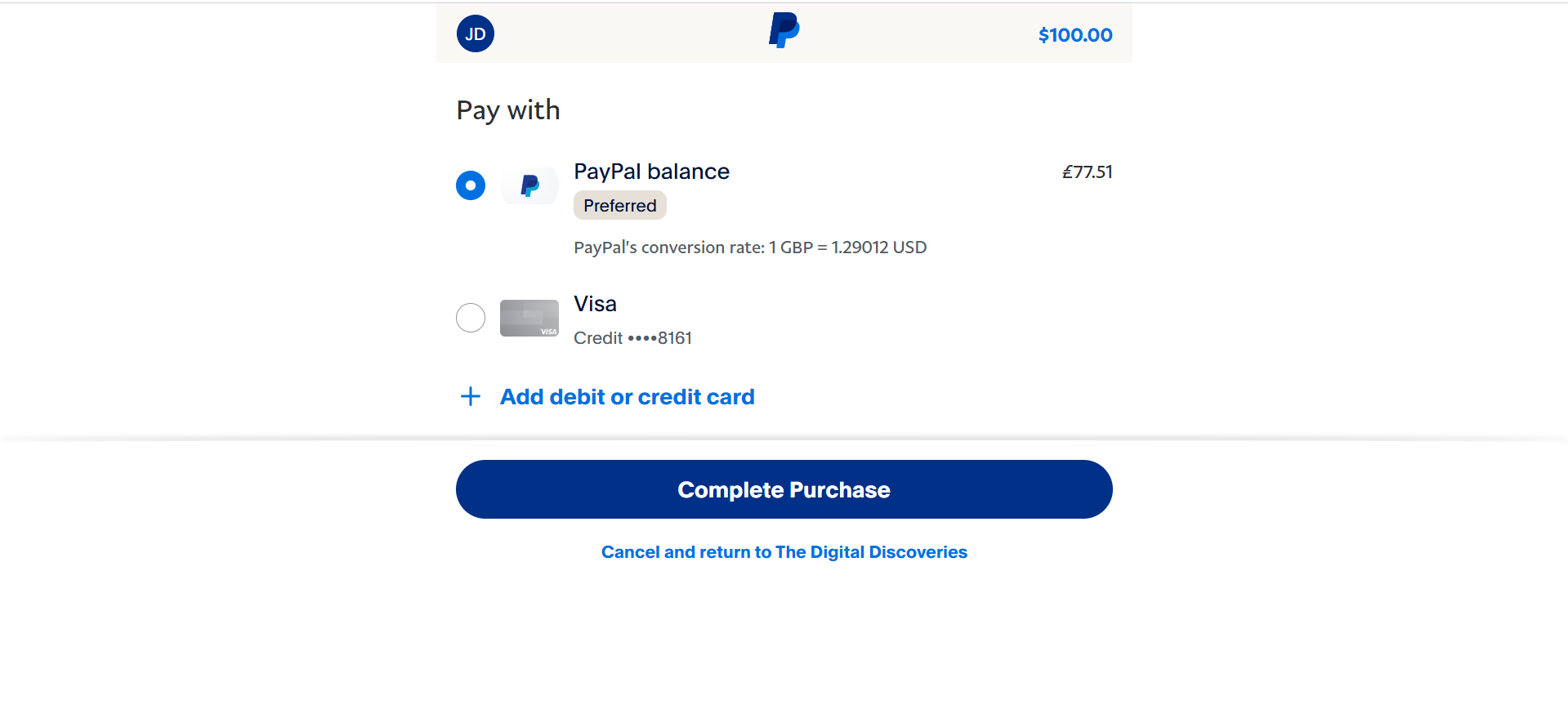 PayPal balance selection screen