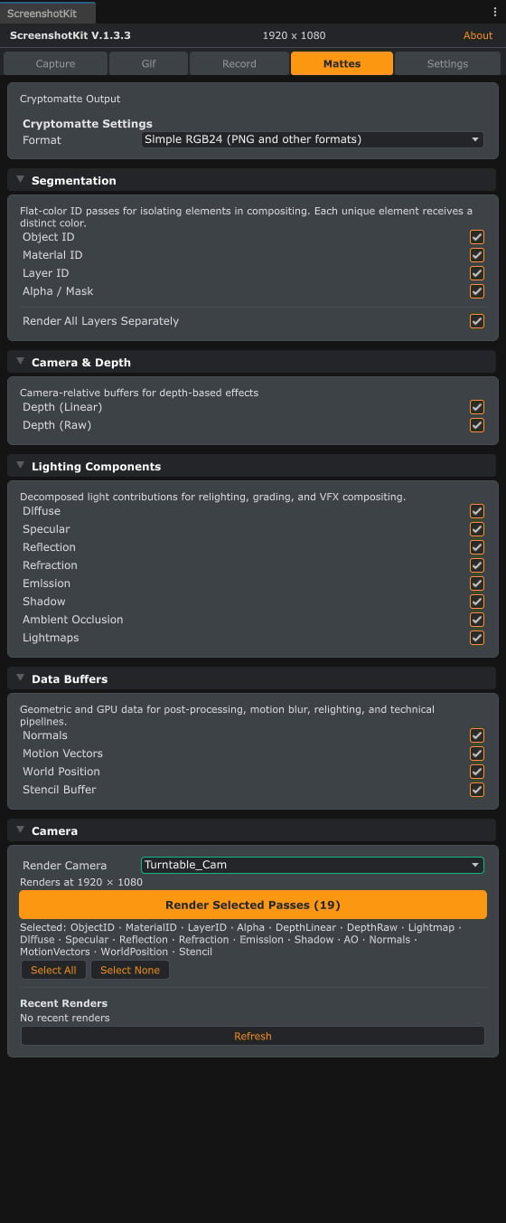 The Mattes tab of the ScreenshotKit window