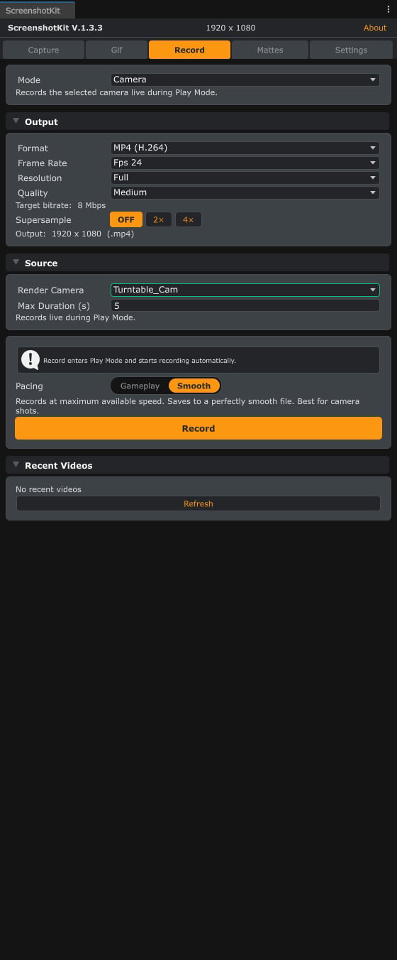 The Record tab of the ScreenshotKit window in Camera mode