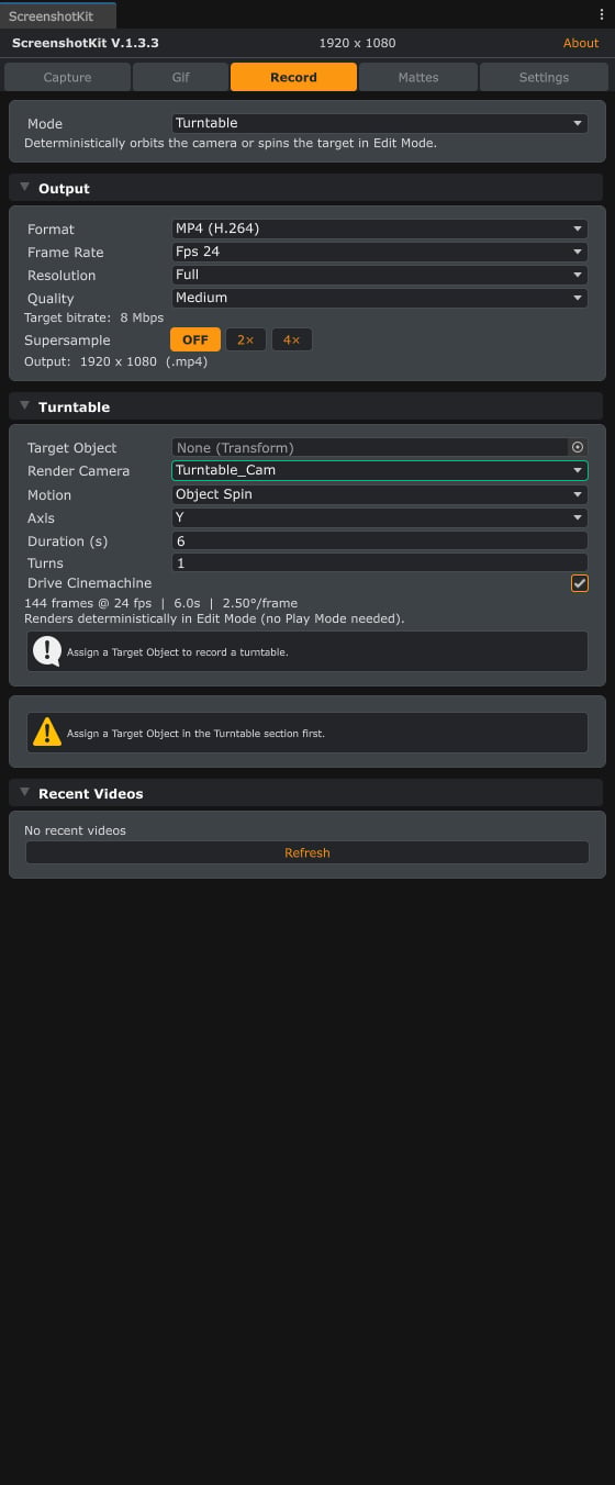 The Record tab of the ScreenshotKit window in Turntable mode