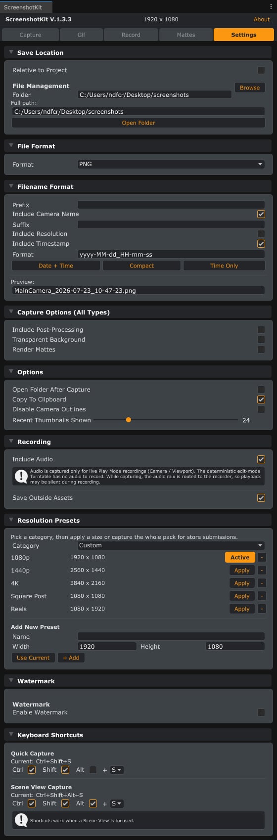 The Settings tab of the ScreenshotKit window