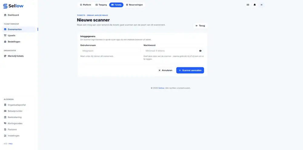 Formulier voor het aanmaken van een nieuwe ticketscanner