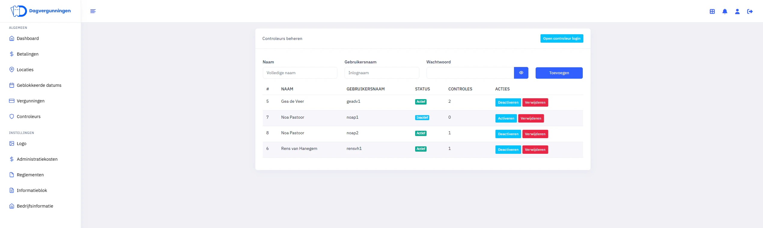 Dashboard Beheren Controleurs