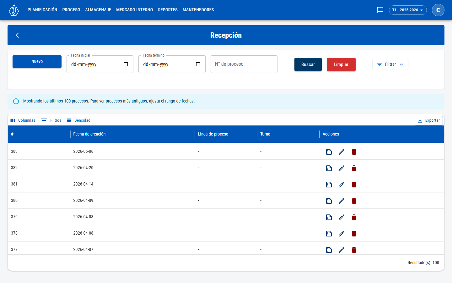 Lista de recepciones con los filtros de fecha y N° de proceso, y las acciones de cada fila