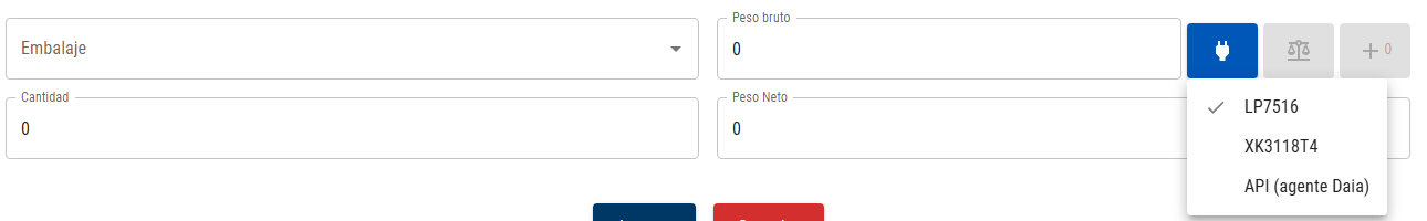Campo Peso bruto con los botones Conectar pesa, Leer peso y Leer y sumar peso, y el menú de modelos abierto