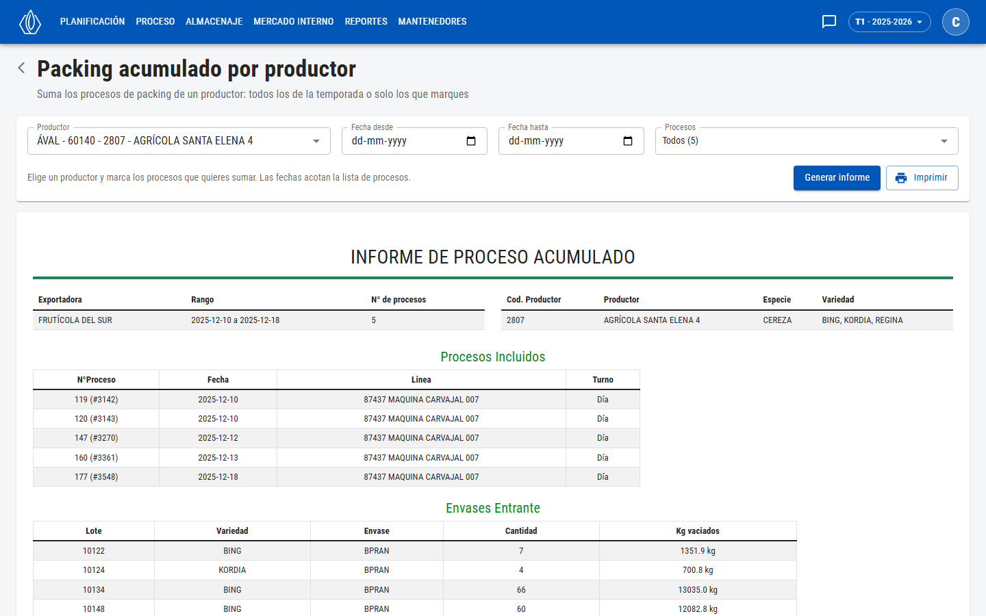 Filtros Productor, Fecha desde, Fecha hasta y Procesos, botones Generar informe e Imprimir, y el inicio del informe de proceso acumulado