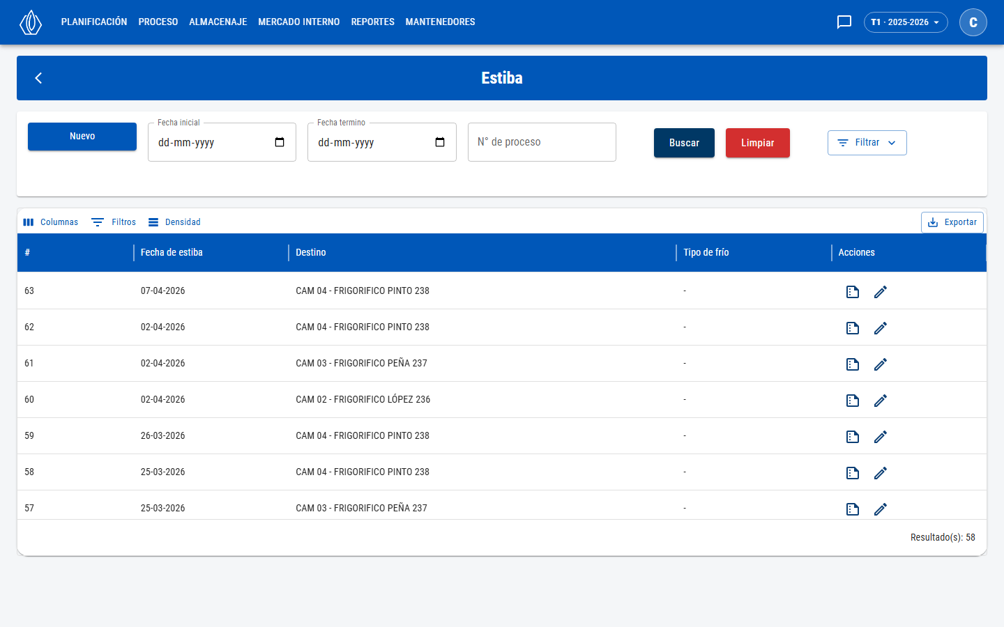 Lista de estibas con filtros de fecha y número, y columnas #, Fecha de estiba, Destino, Tipo de frío y Acciones