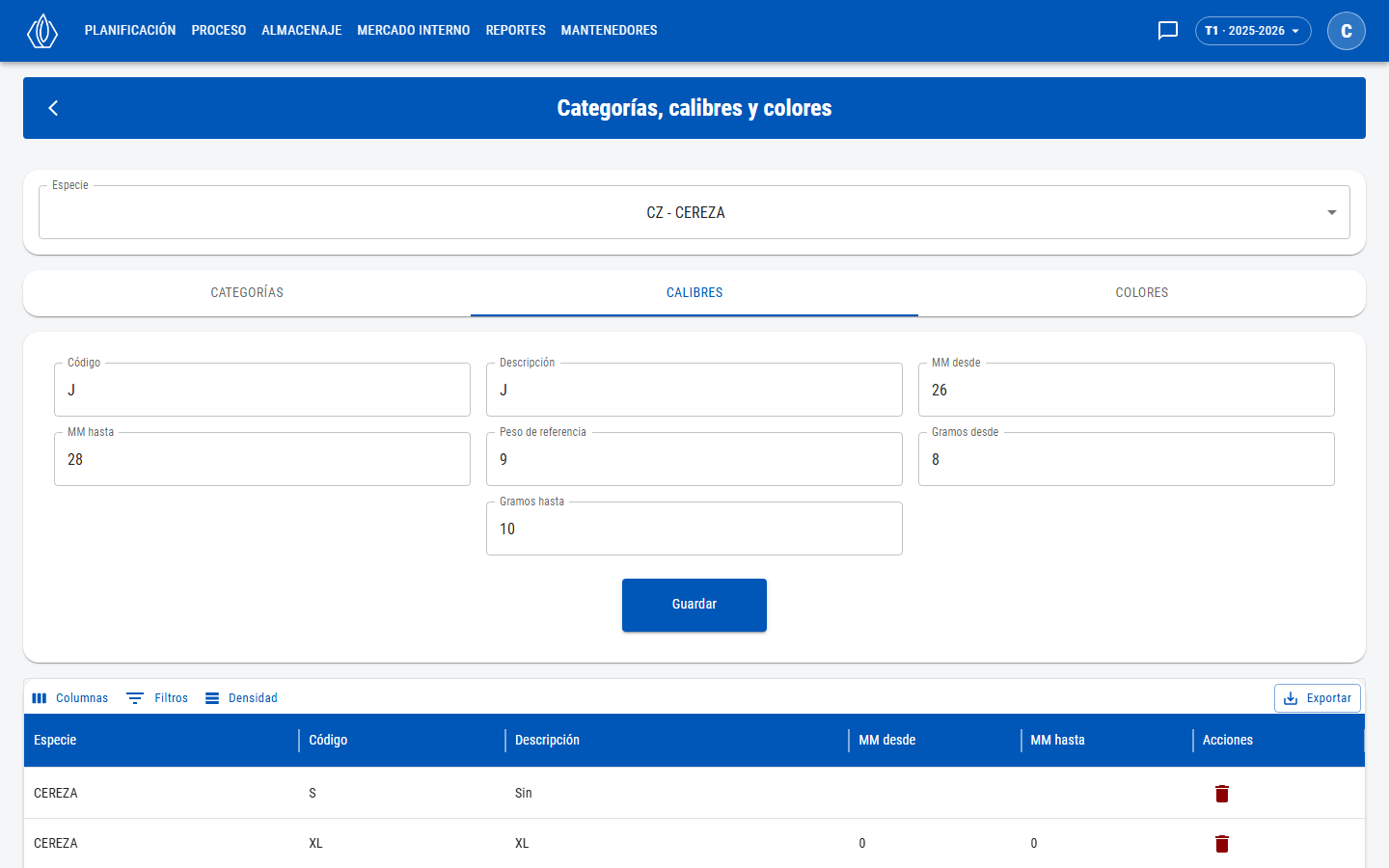 Selector de especie, pestañas, formulario de calibre y lista de calibres de la especie