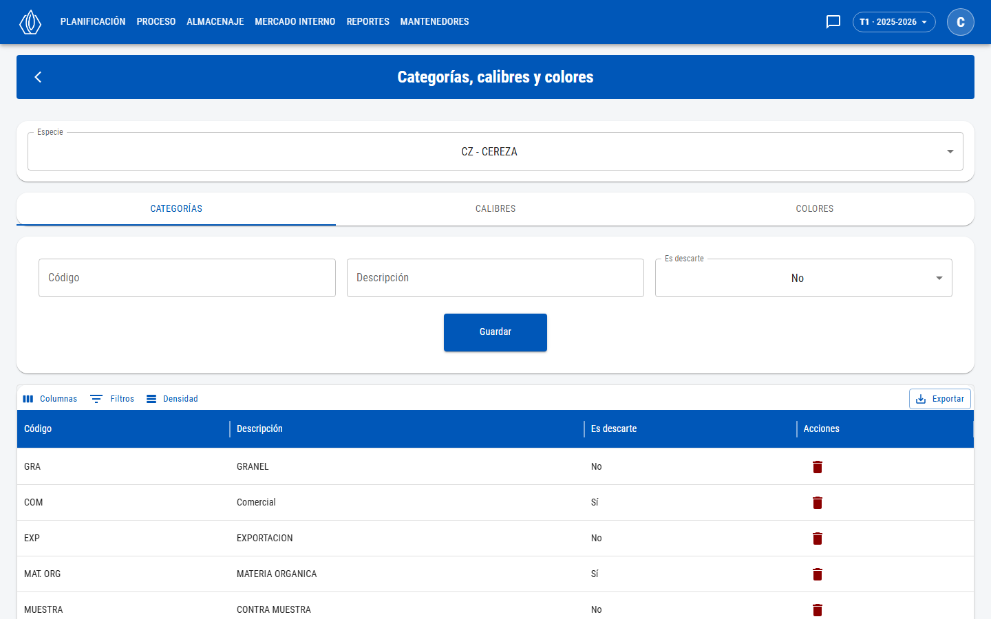 Formulario de categoría con Código, Descripción y Es descarte, y lista de categorías