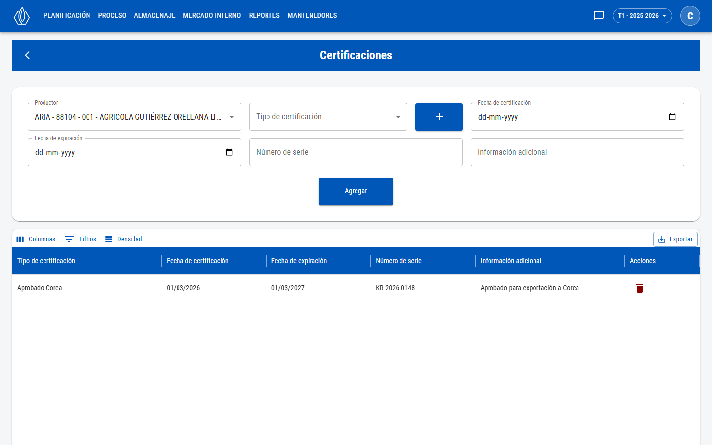 Formulario de certificación con productor elegido y lista de sus certificaciones